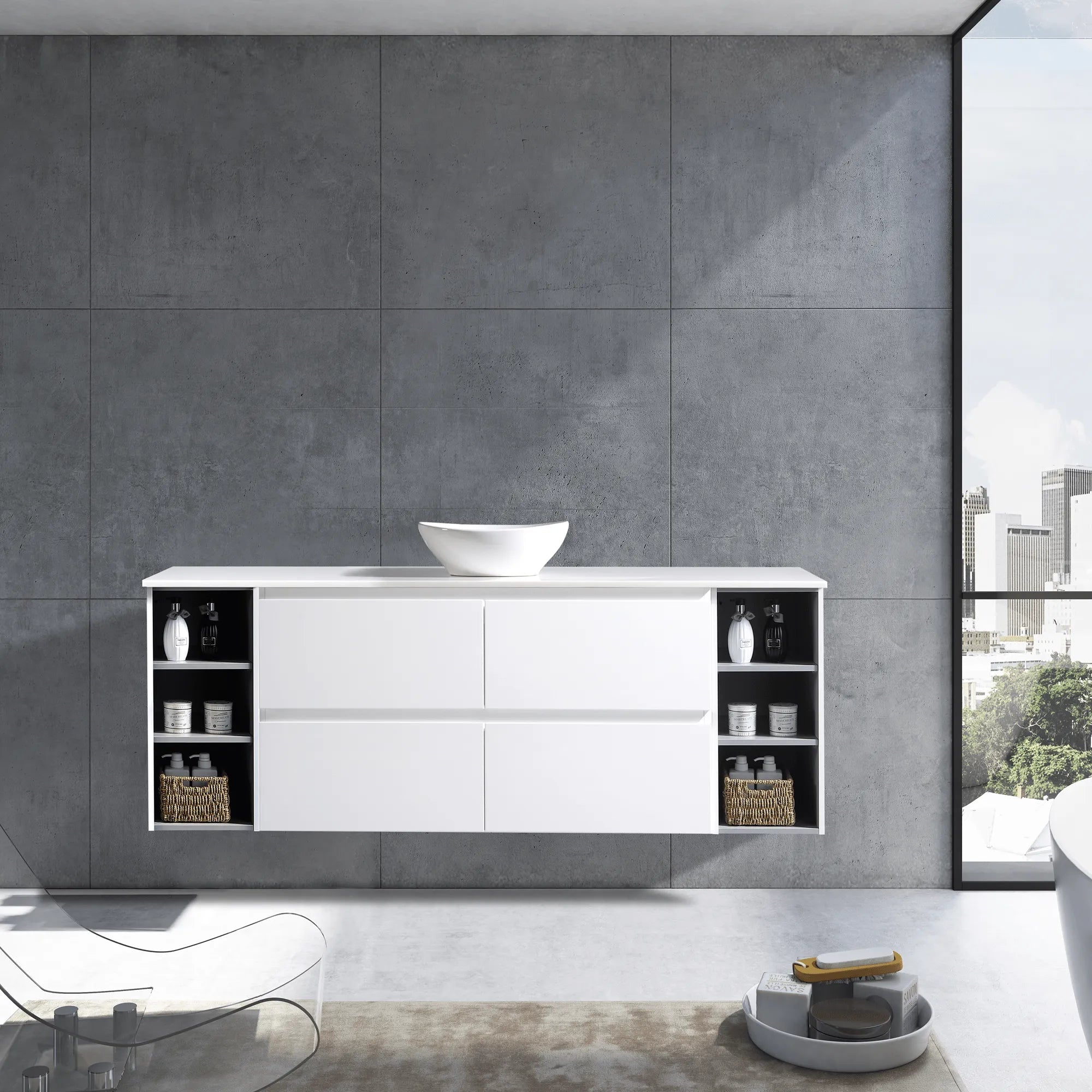 MELA - CLARK 1800 Gloss White Wall Hung Vanity with 2 Drawers and 2 Open Shelves-Vanities-from our-MELA-supplier–available at Bathroom City Perth