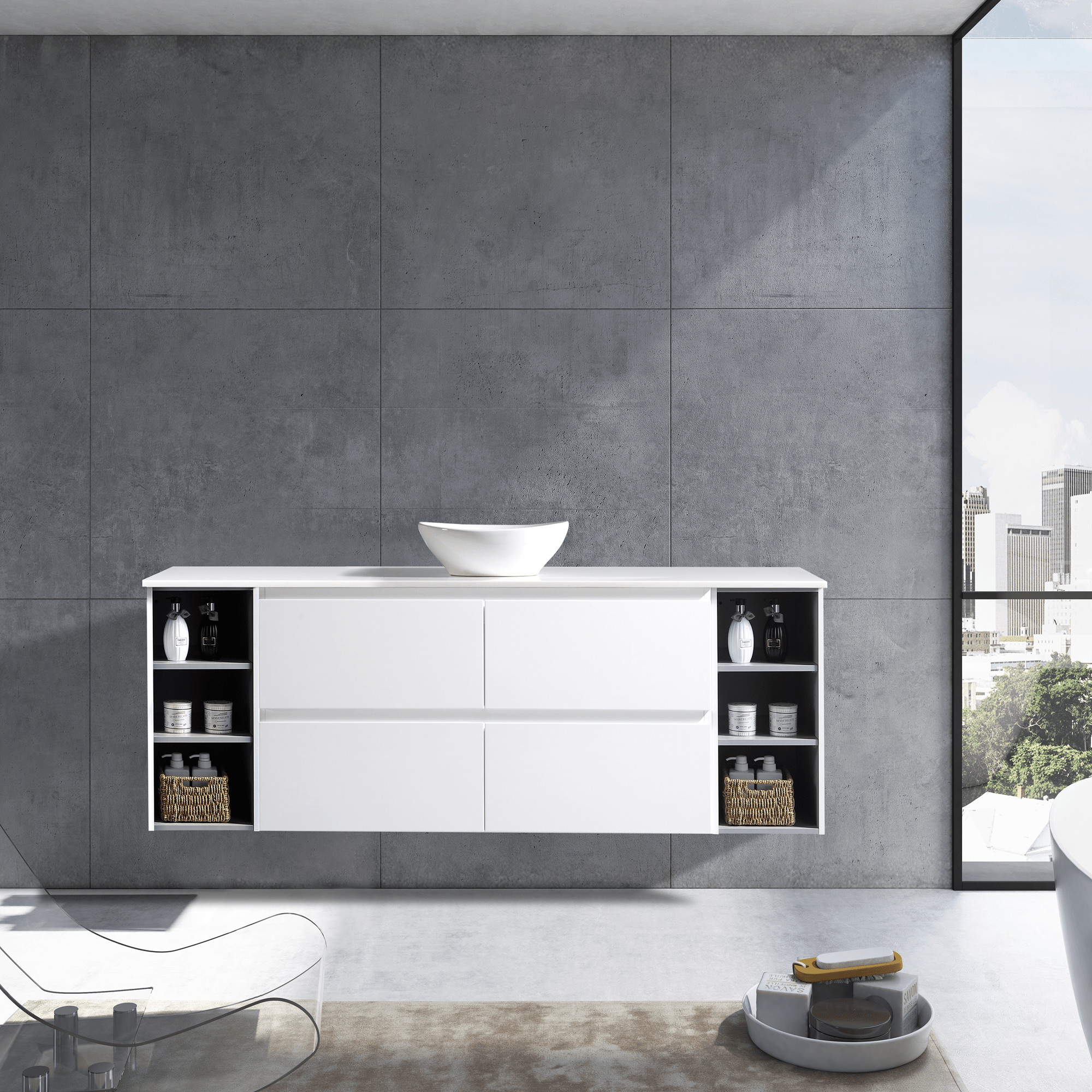 MELA - CLARK 1800 Gloss White Wall Hung Vanity with 4 Drawers and 2 Open Shelves available at Bathroom City Perth