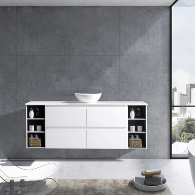 MELA - CLARK 1800 Gloss White Wall Hung Vanity with 4 Drawers and 2 Open Shelves available at Bathroom City Perth