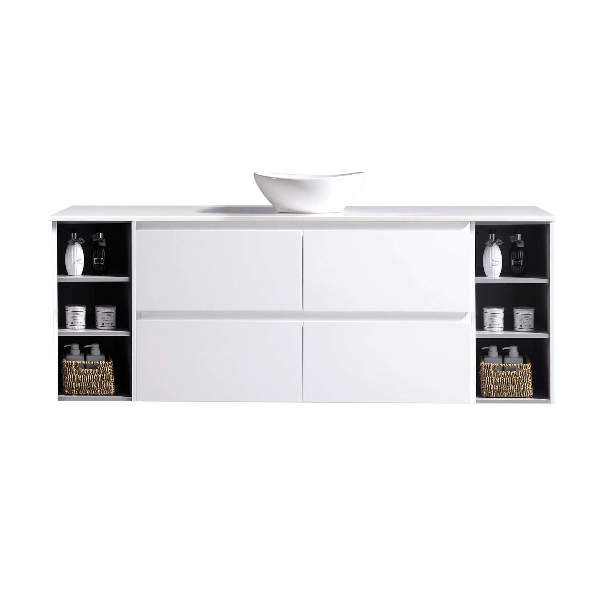 MELA - CLARK 1800 Gloss White Wall Hung Vanity with 4 Drawers and 2 Open Shelves available at Bathroom City Perth