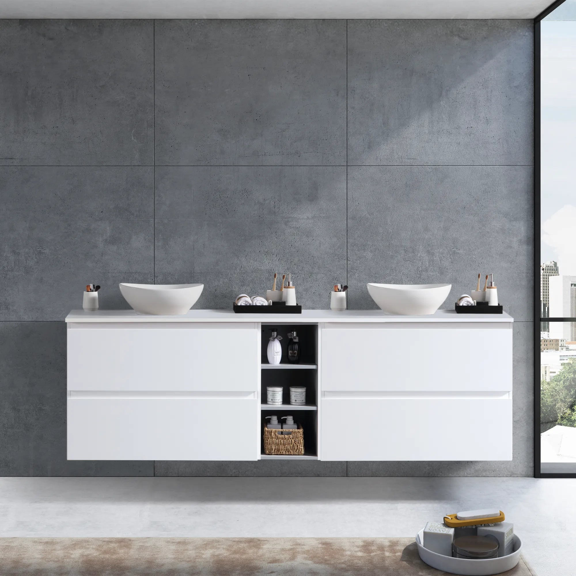 MELA - CLARK 1800 Gloss White Wall Hung Vanity with 4 Drawers and Open Shelves-Vanities-from our-MELA-supplier–available at Bathroom City Perth