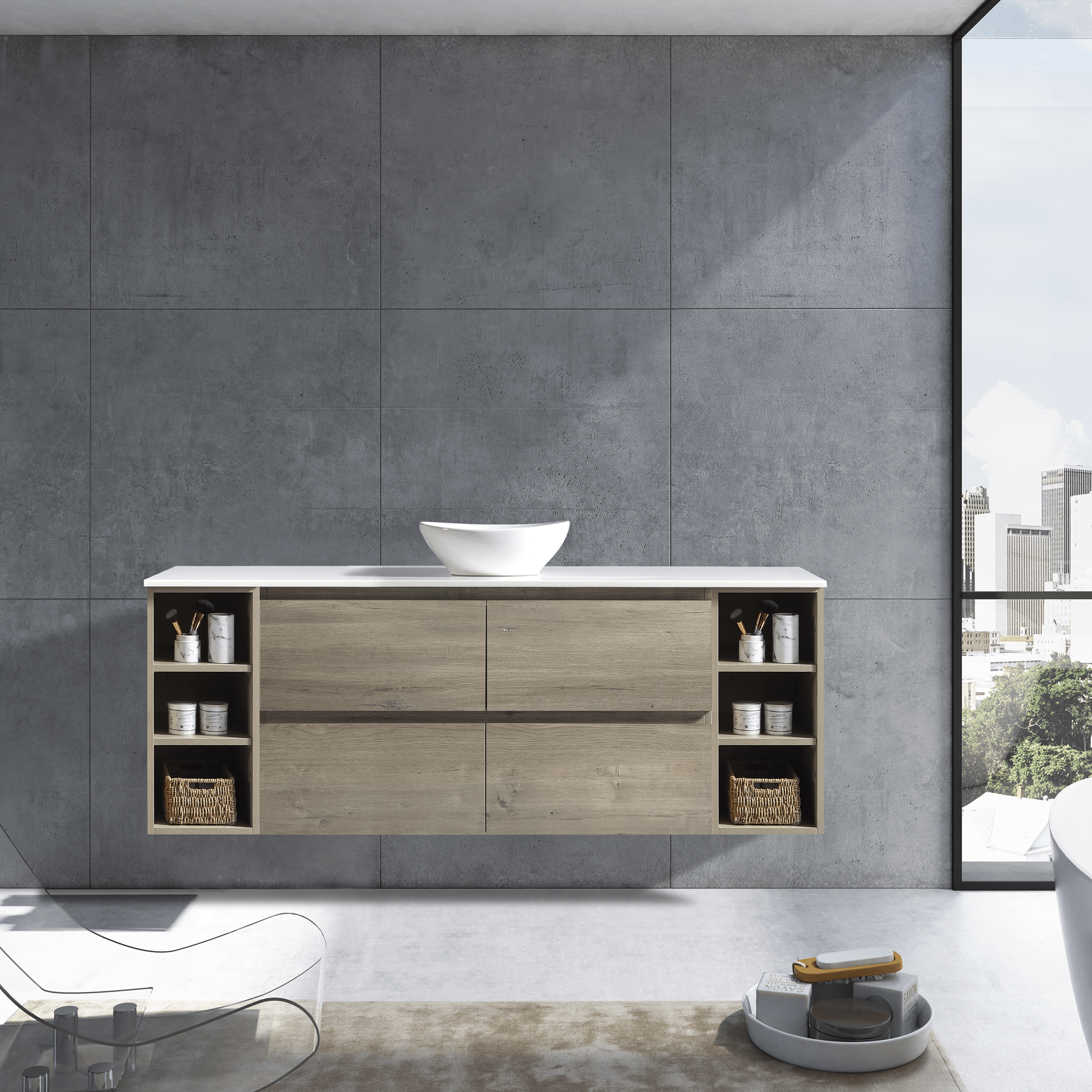 MELA - CLARK 1800 Sorrento Oak Wall Hung Vanity with 4 Drawers and 2 Open Shelves - available at Bathroom City Perth