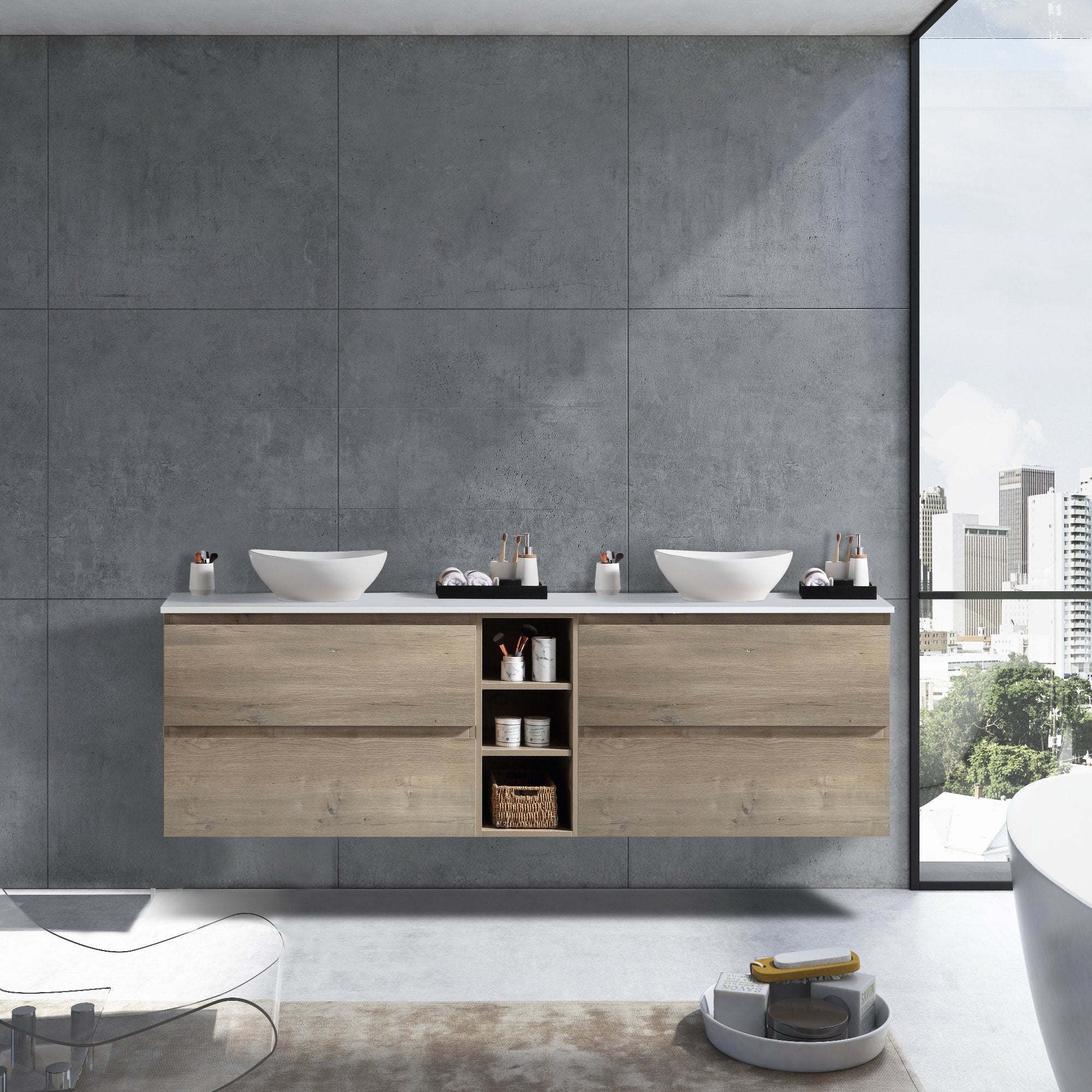 MELA - CLARK 1800 Sorrento Oak Wall Hung Vanity with 4 Drawers and ShelvesVanities – available at Bathroom City Perth