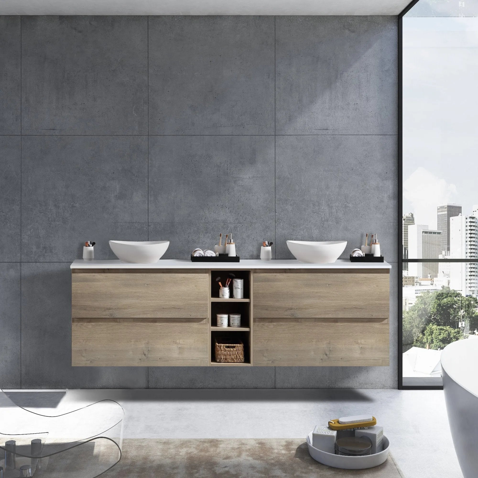 MELA - CLARK 1800 Sorrento Oak Wall Hung Vanity with 4 Drawers and Shelves-Vanities-from our-MELA-supplier–available at Bathroom City Perth