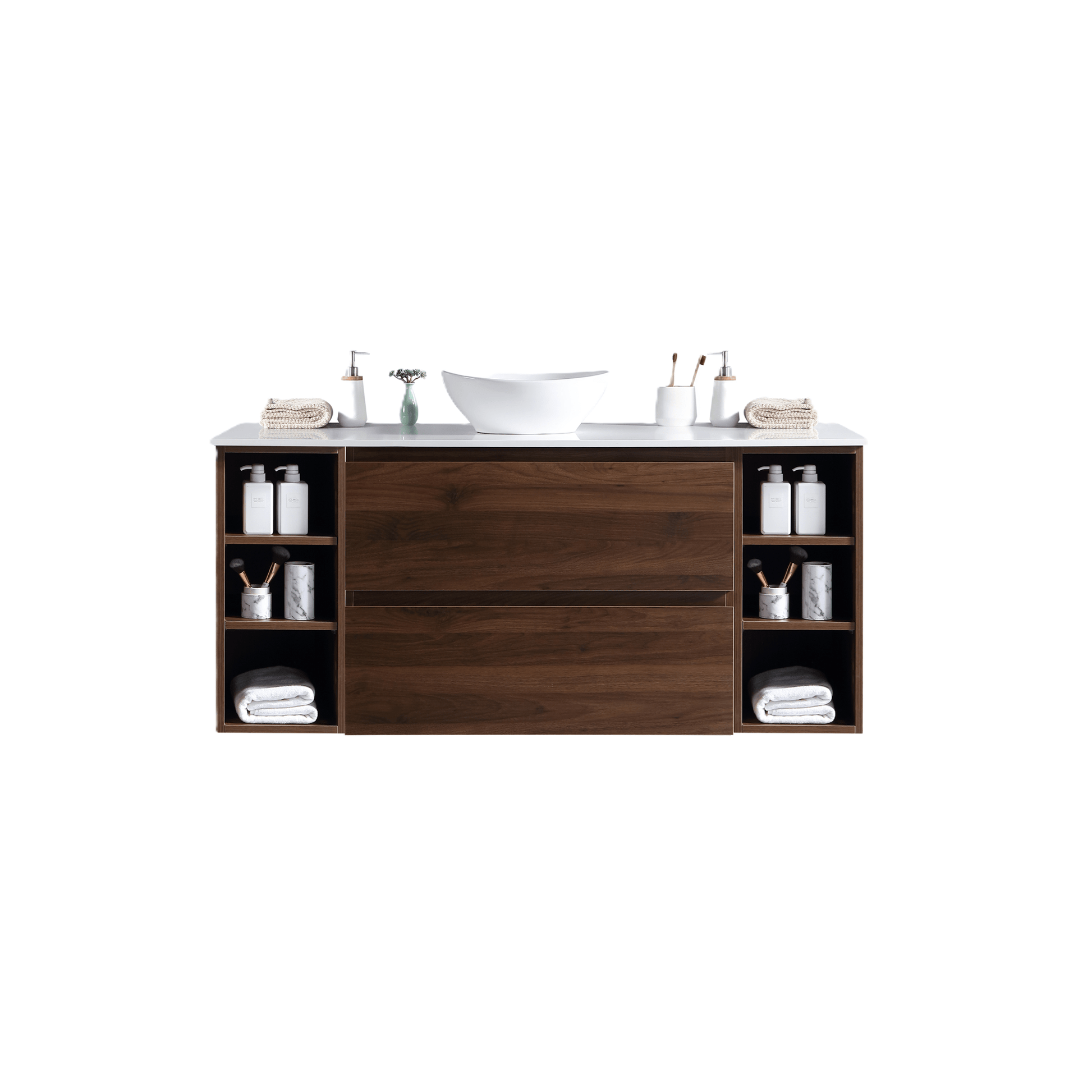 MELA - CLARK 1800 Walnut Wall Hung Vanity with 2 Drawers and 2 Open Shelves - Vanities - from our - MELA - supplier–available at Bathroom City Perth