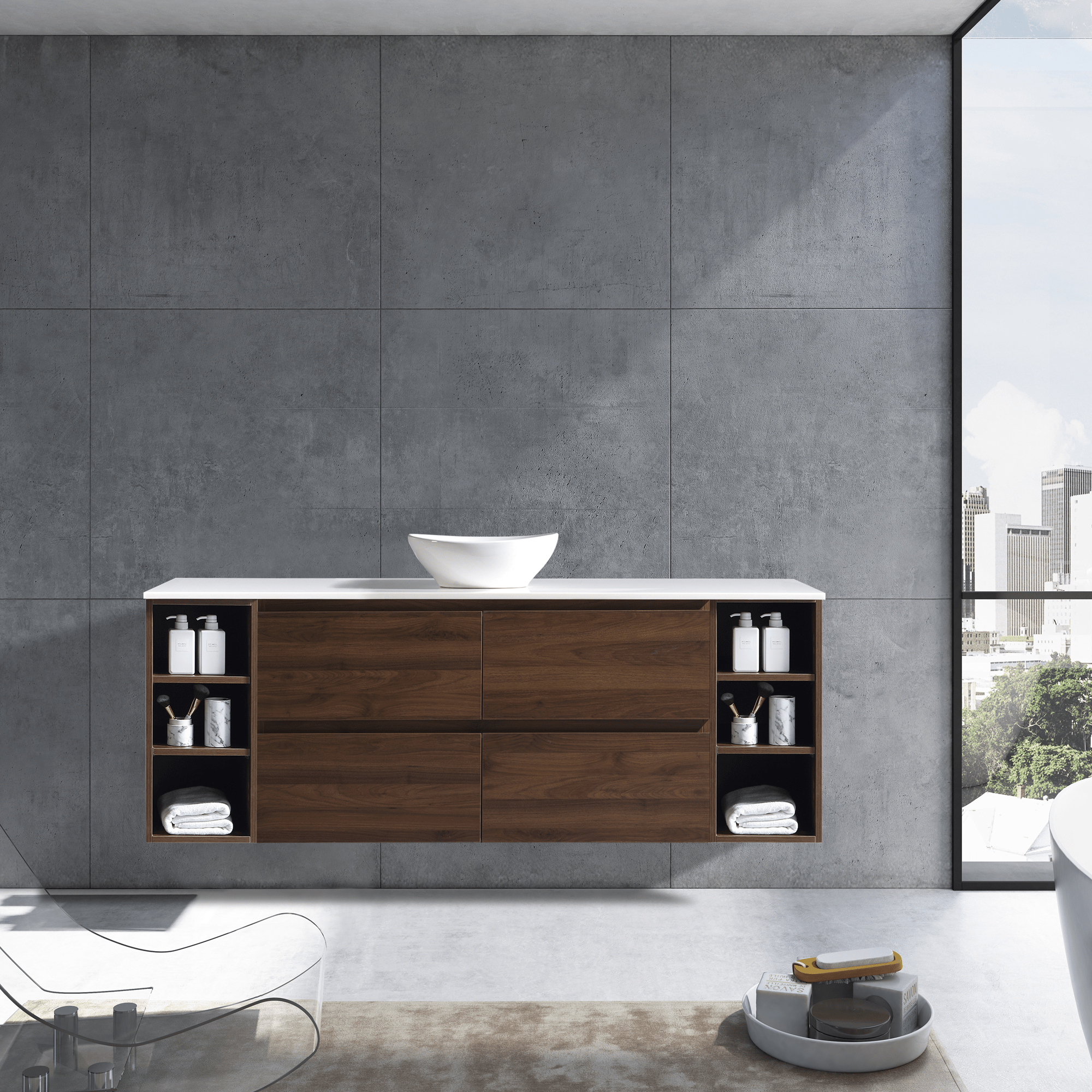 MELA - CLARK 1800 Walnut Wall Hung Vanity with 4 Drawers and 2 Open Shelves - Vanities –available at Bathroom City Perth