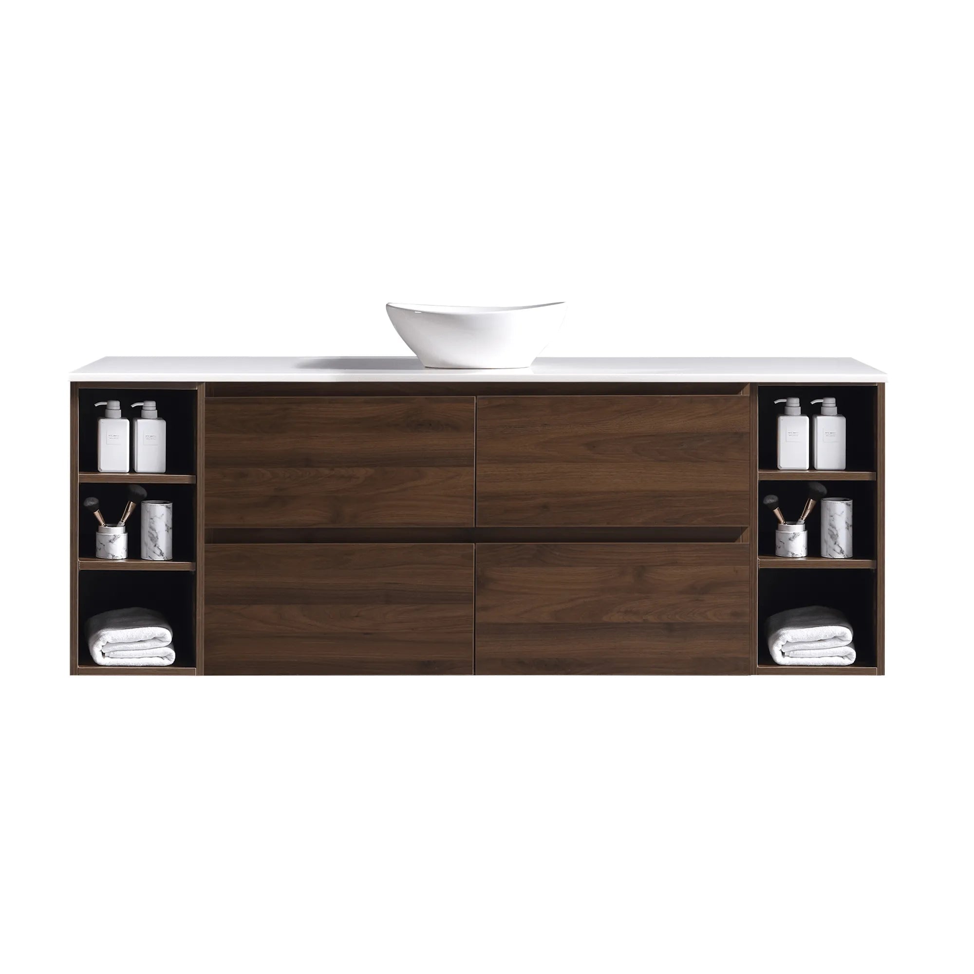 MELA - CLARK 1800 Walnut Wall Hung Vanity with 4 Drawers and 2 Open Shelves-Vanities-from our-MELA-supplier–available at Bathroom City Perth