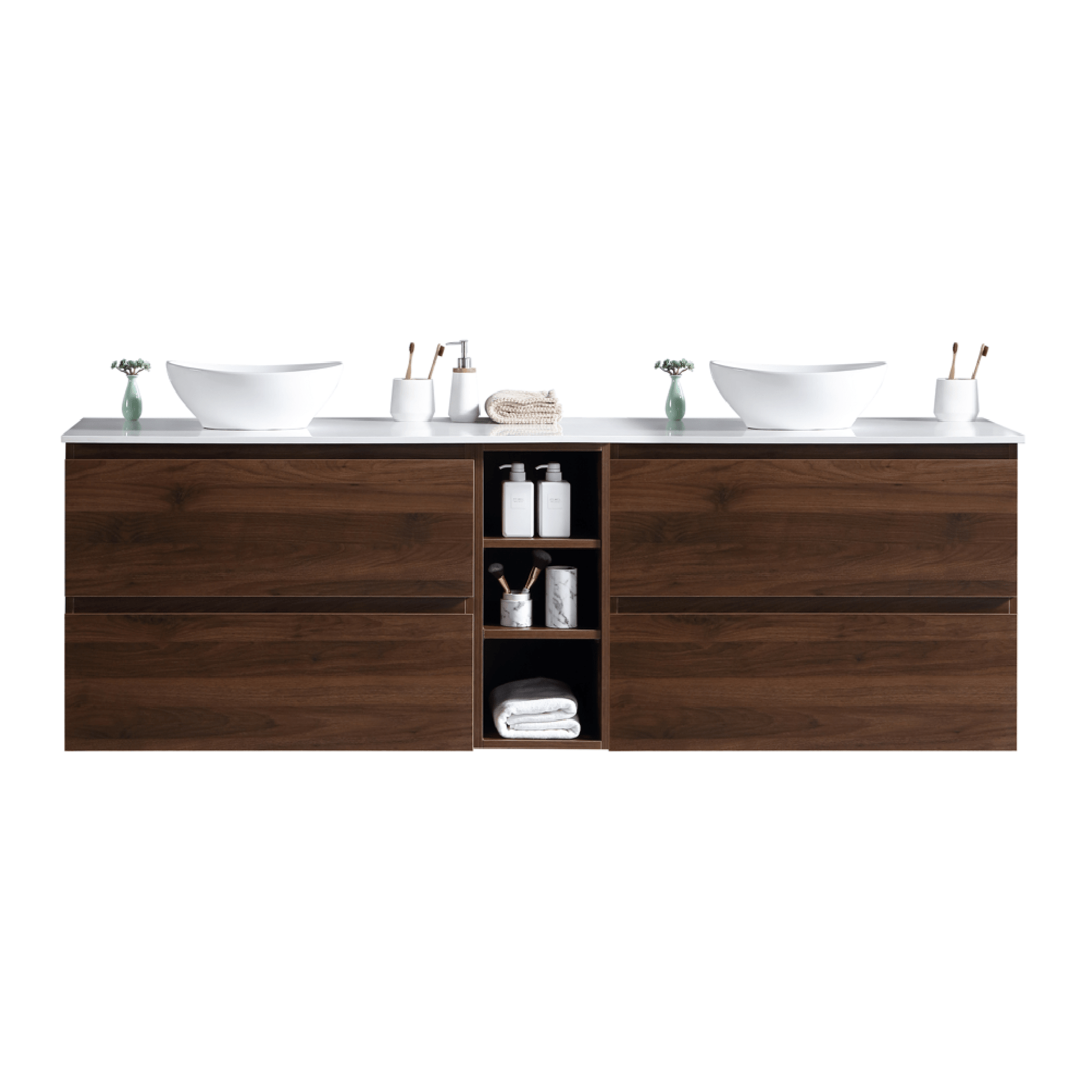 MELA - CLARK 1800 Walnut Wall Hung Vanity with 4 Drawers and Open ShelvesVanities – available at Bathroom City Perth