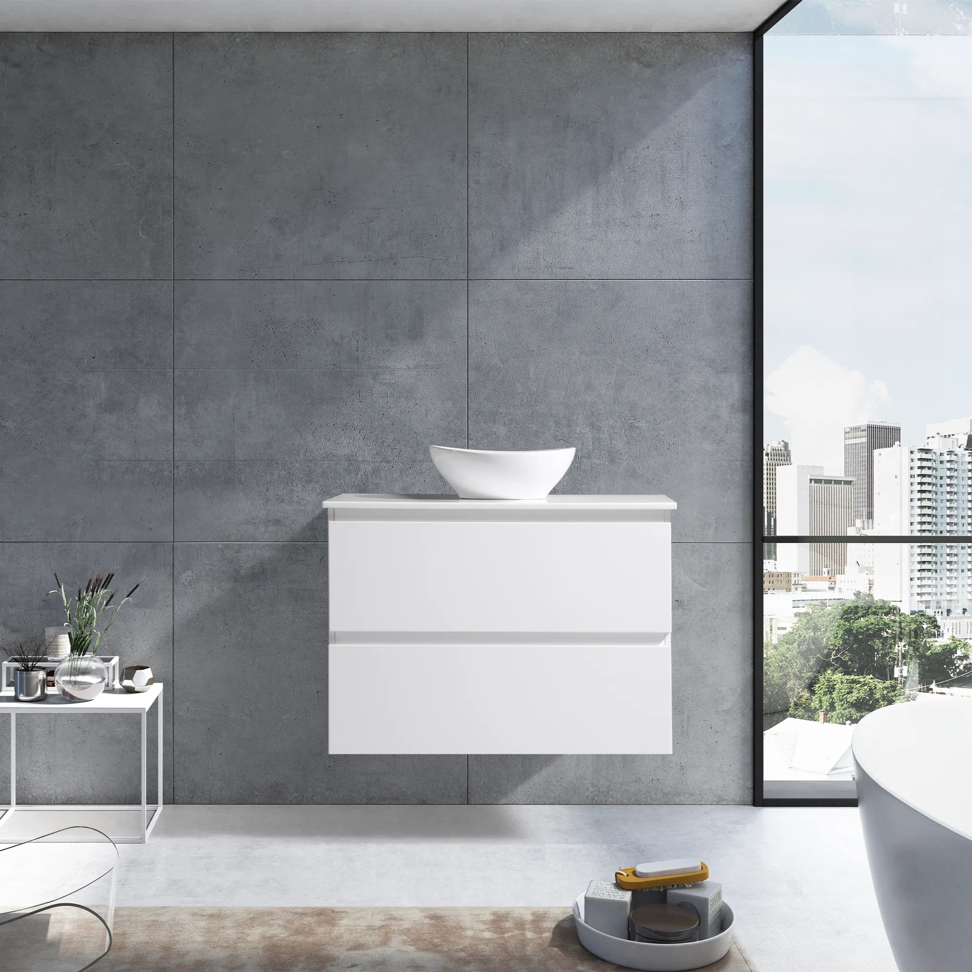 MELA - CLARK 600 Gloss White Wall Hung Vanity with 2 Drawers-Vanities-from our-MELA-supplier–available at Bathroom City Perth