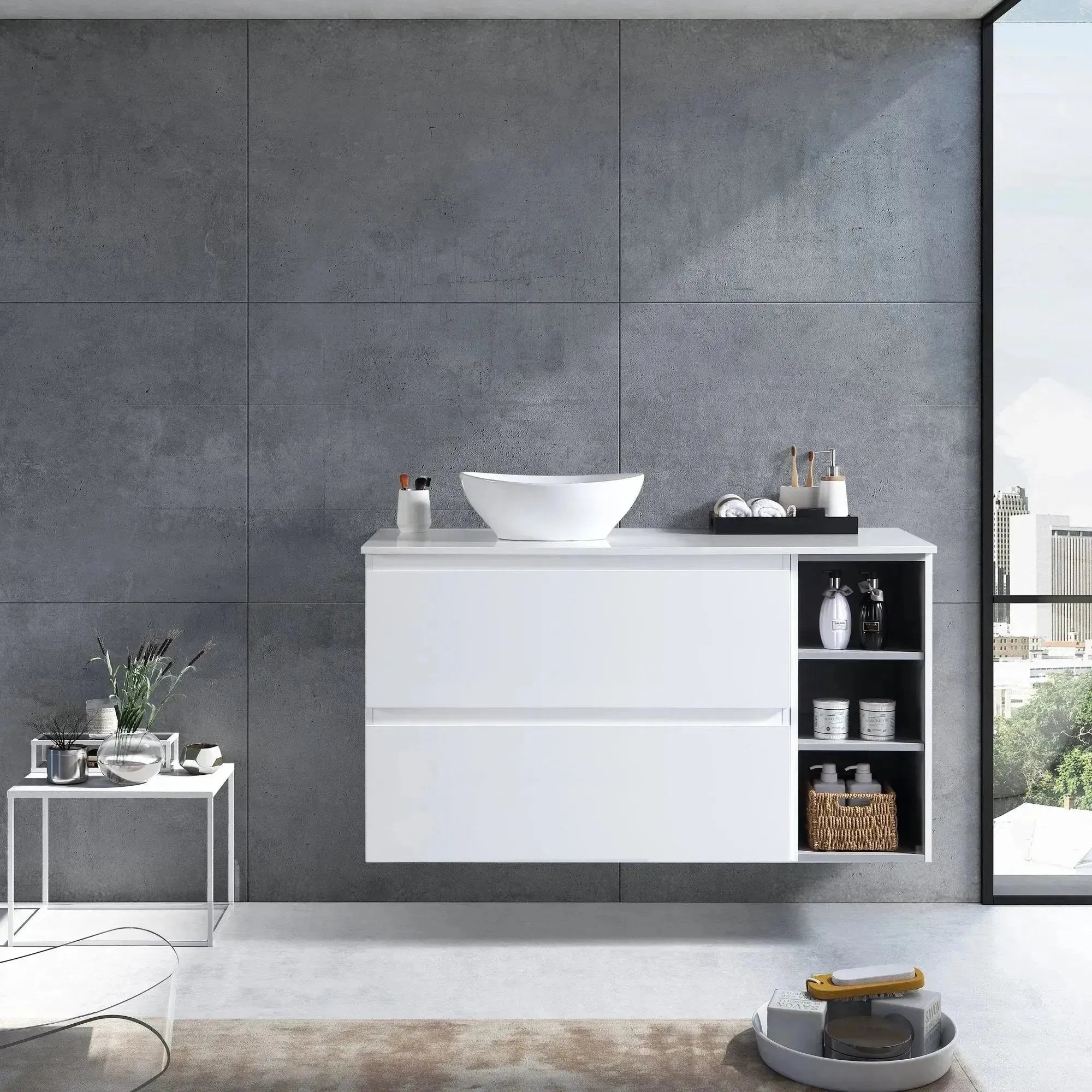 MELA - CLARK 900 Gloss White Wall Hung Vanity with 2 Drawers and Open Shelves-Vanities-from our-MELA-supplier–available at Bathroom City Perth