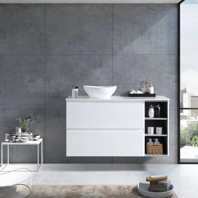 MELA - CLARK 900 Gloss White Wall Hung Vanity with 2 Drawers and Open Shelves-Vanities-from our-MELA-supplier–available at Bathroom City Perth