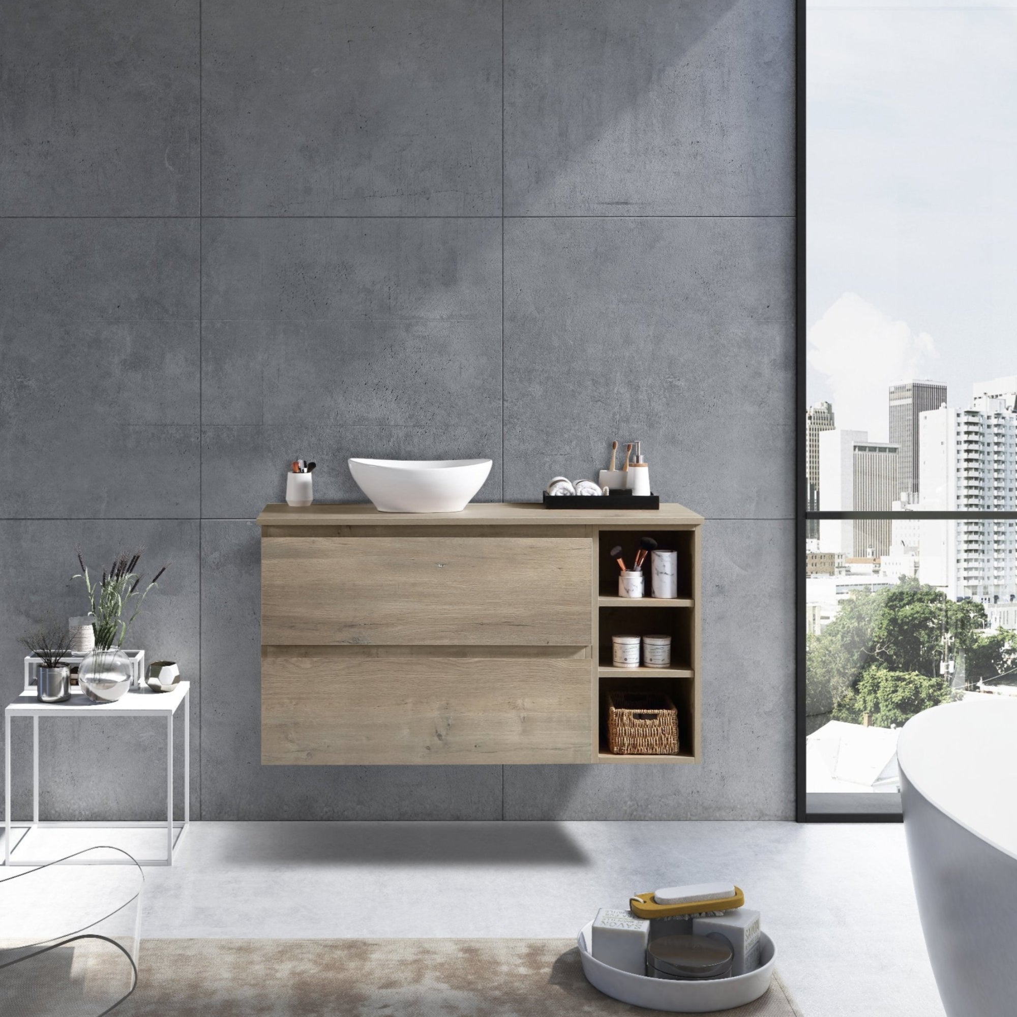 MELA - CLARK 900 Sorrento Oak Wall Hung Vanity with 2 Drawers and Open ShelvesVanities – available at Bathroom City Perth
