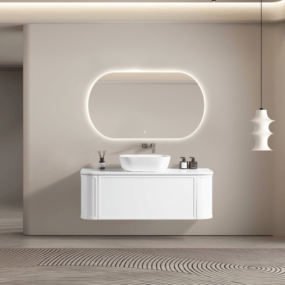 MELA - LUNA 1200 Matt White Curved Wall Hung Vanity with Drawer from our - MELA - supplier–available at Bathroom City Perth