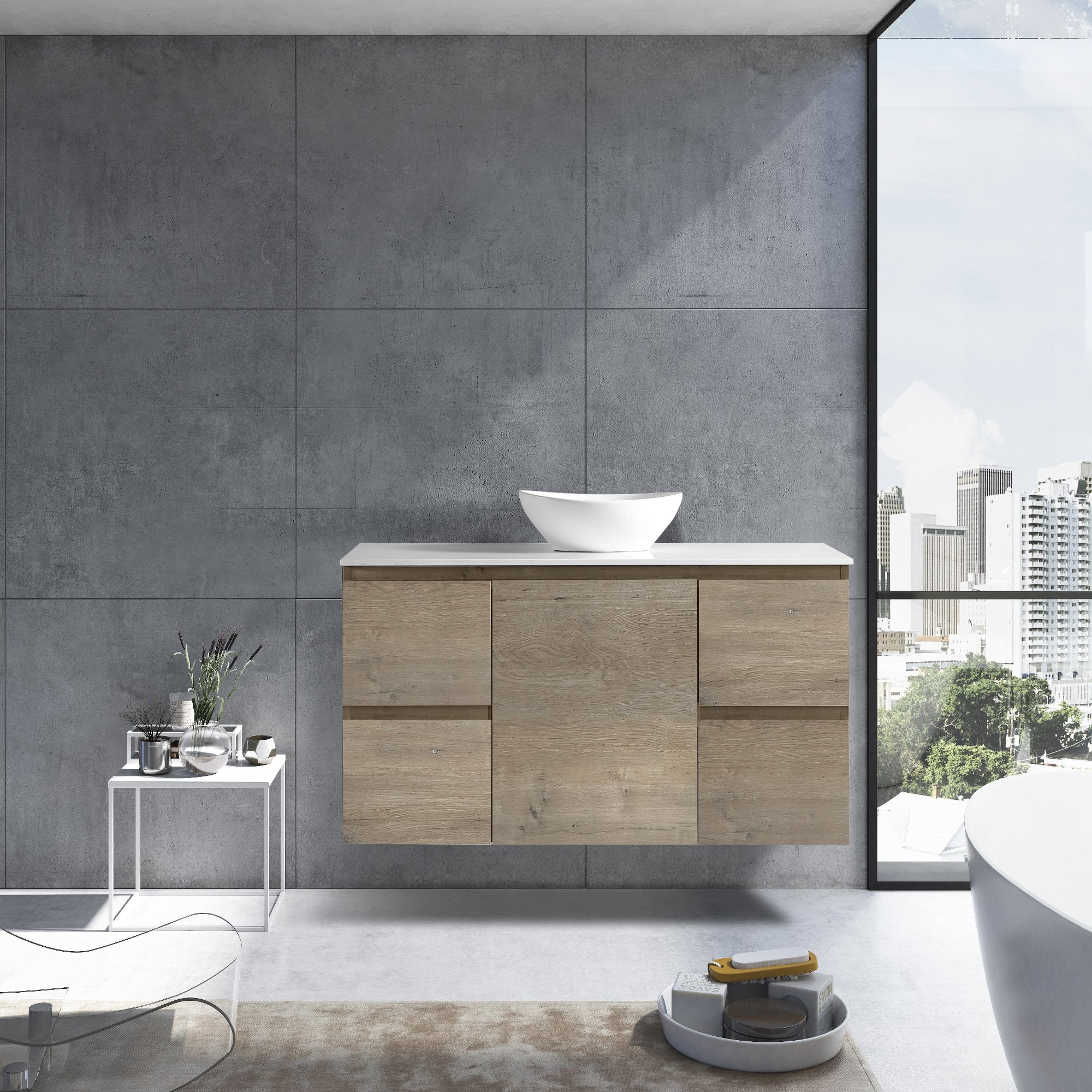 MELA - PADDY 1200 Sorrento Oak Wall Hung Vanity with Door & DrawersVanities – available at Bathroom City Perth