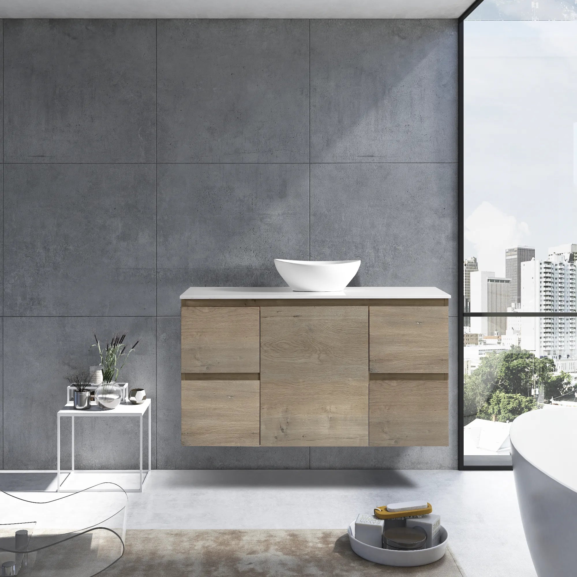 MELA - PADDY 1200 Sorrento Oak Wall Hung Vanity with Door & Drawers-Vanities-from our-MELA-supplier–available at Bathroom City Perth