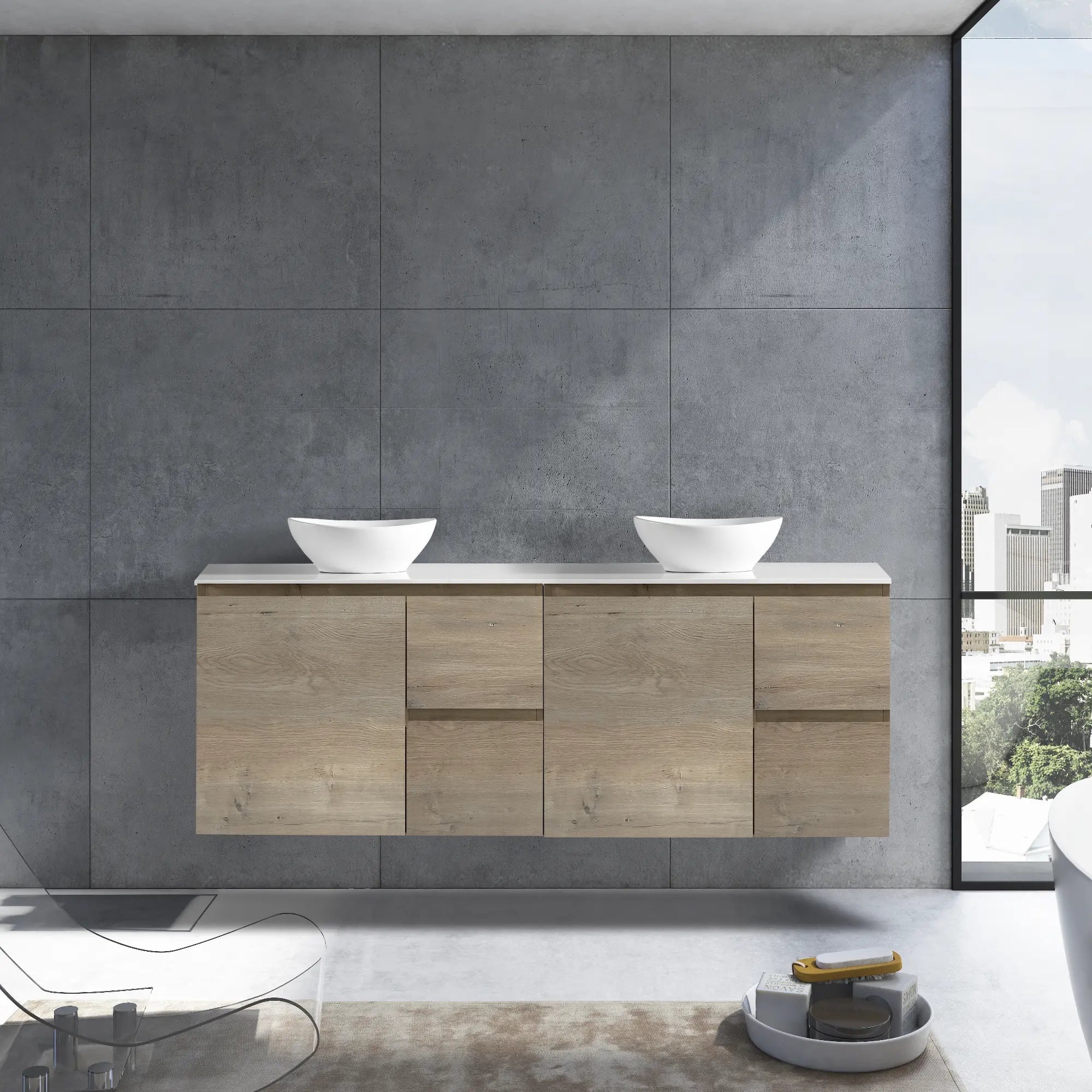 MELA - PADDY 1800 Sorrento Oak Wall Hung Vanity with Door & Drawers-Vanities-from our-MELA-supplier–available at Bathroom City Perth