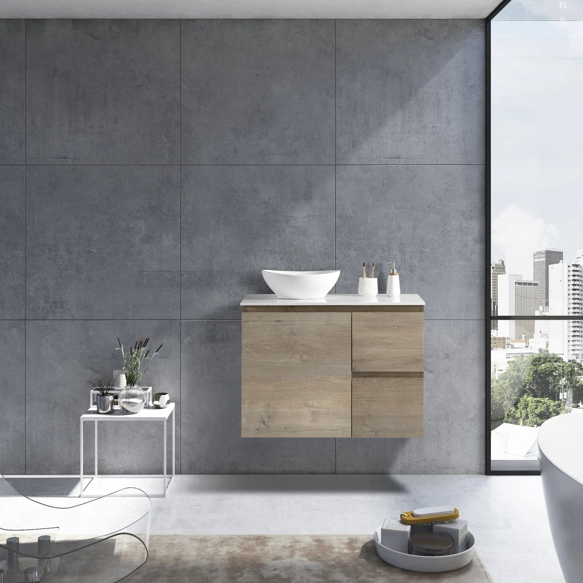 MELA - PADDY 900 Sorrento Oak Wall Hung Vanity with Door & Drawers-Vanities-from our-MELA-supplier–available at Bathroom City Perth