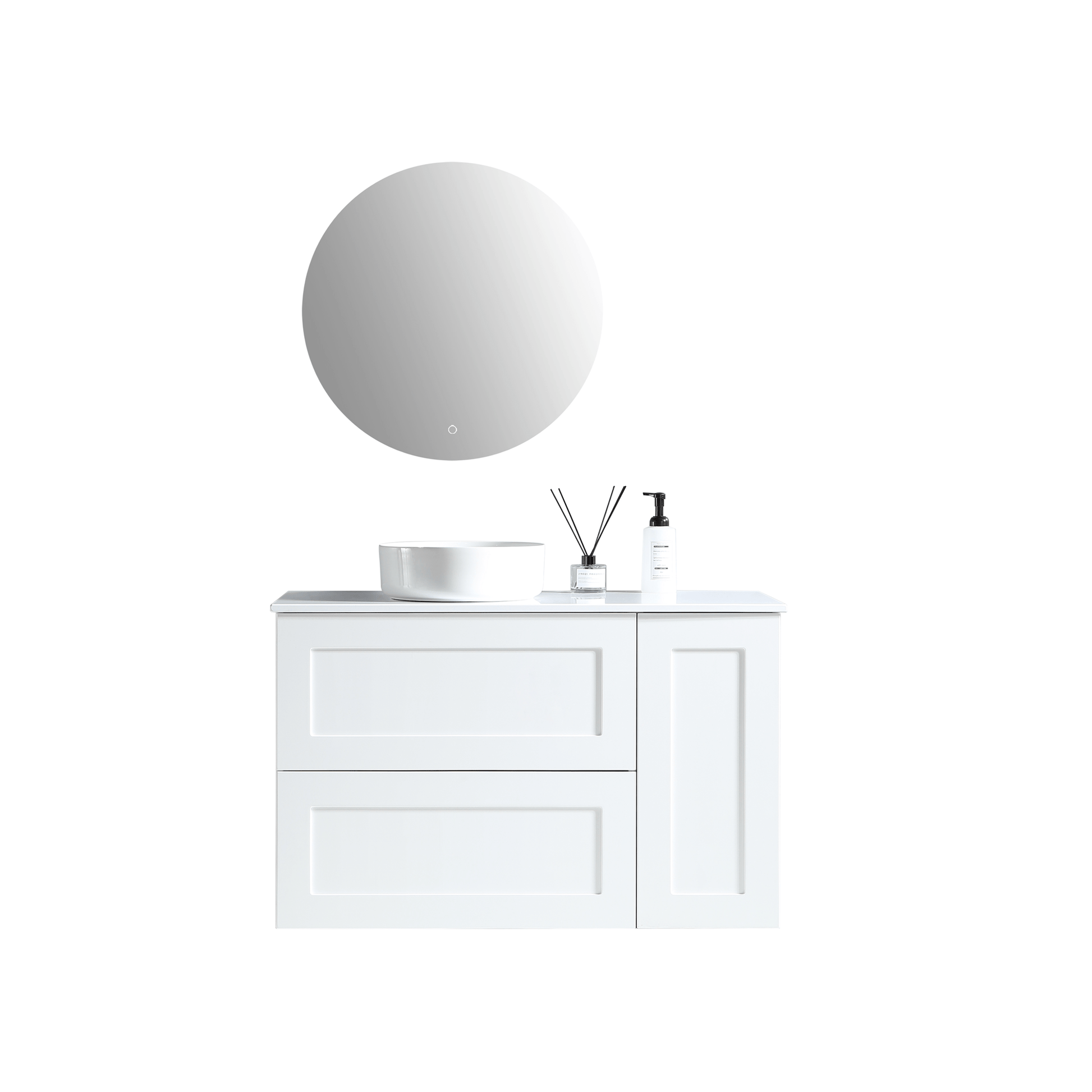 MELA - SHAKER 1050 Matt White Wall Hung Vanity with Door & Drawers - Vanities - from our - MELA - supplier–available at Bathroom City Perth