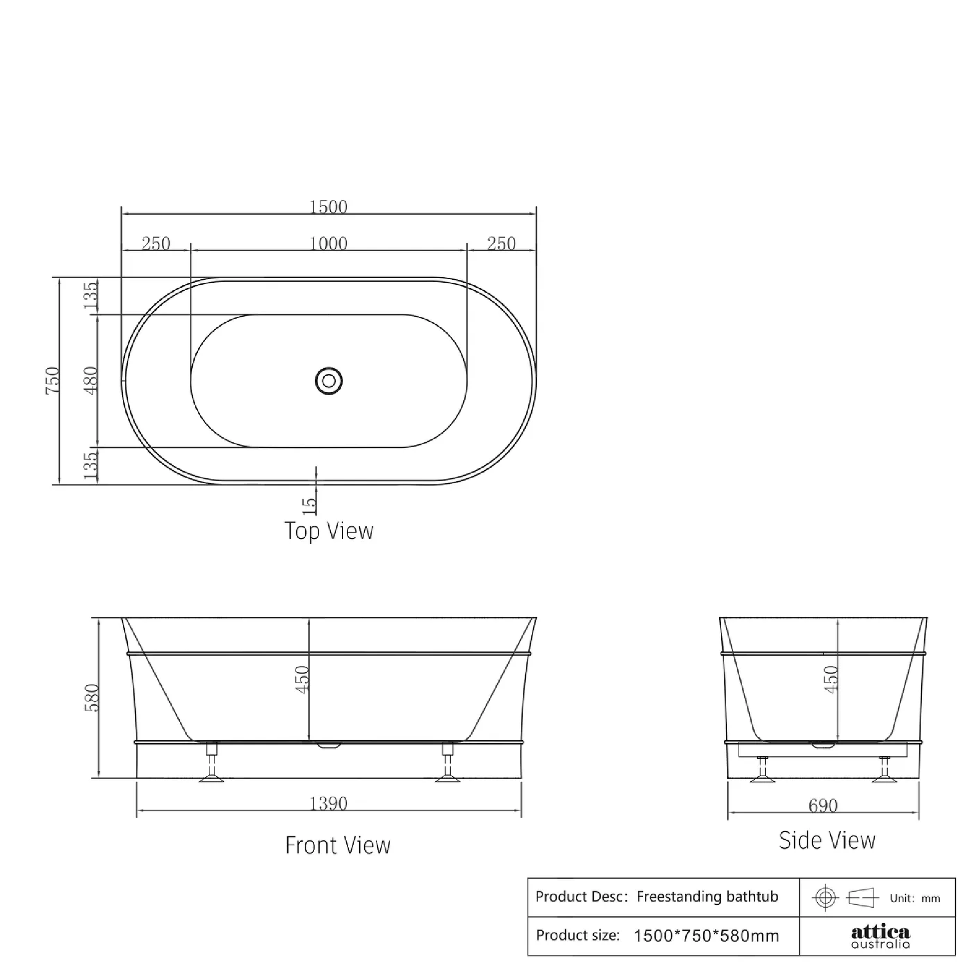 OTTI - Attica Bondi 1500 Gloss White Bath - Baths - from our - Otti - supplier–available at Bathroom City Perth