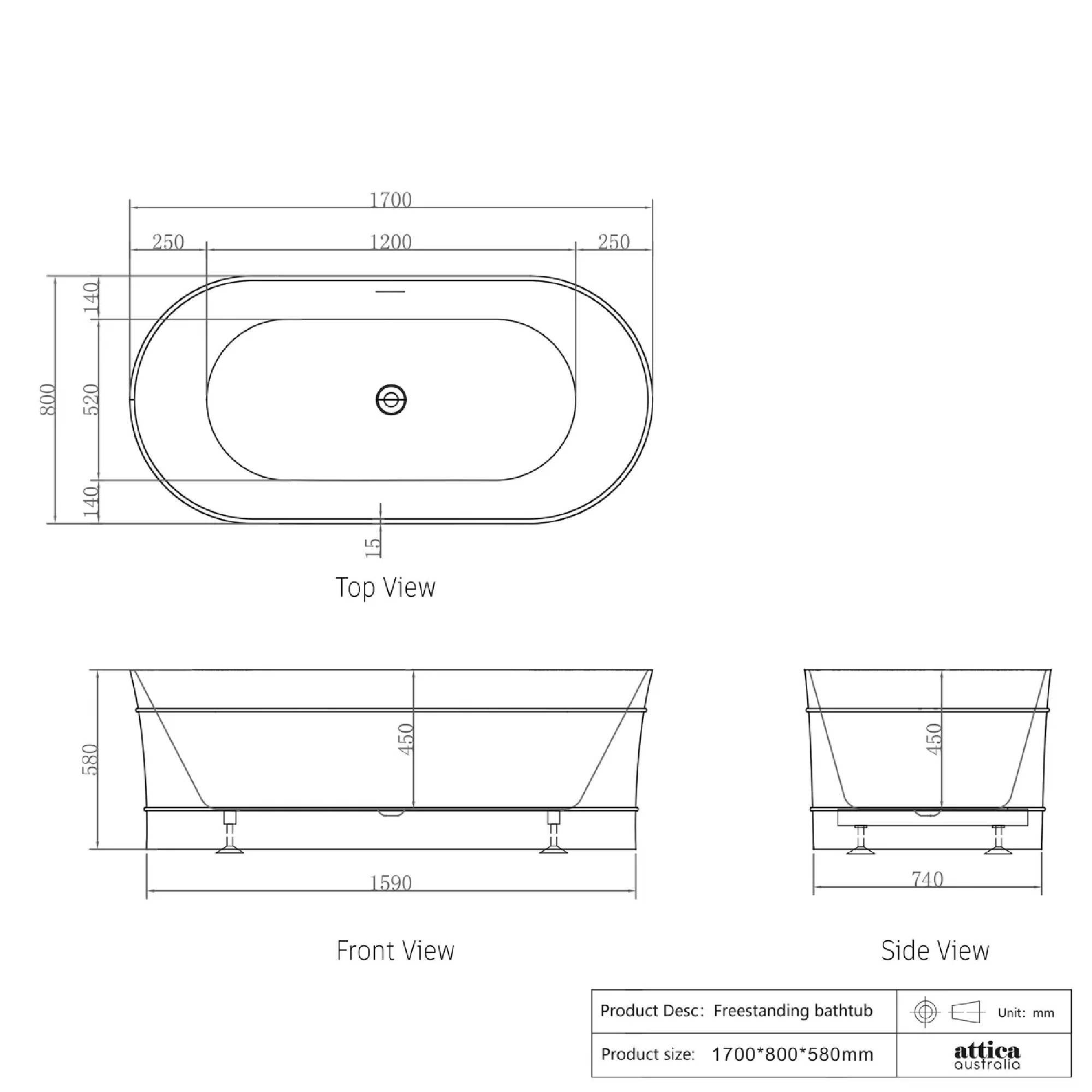 OTTI - Attica Bondi 1700 Matt White Bath with Overflow - Baths - from our - Otti - supplier–available at Bathroom City Perth