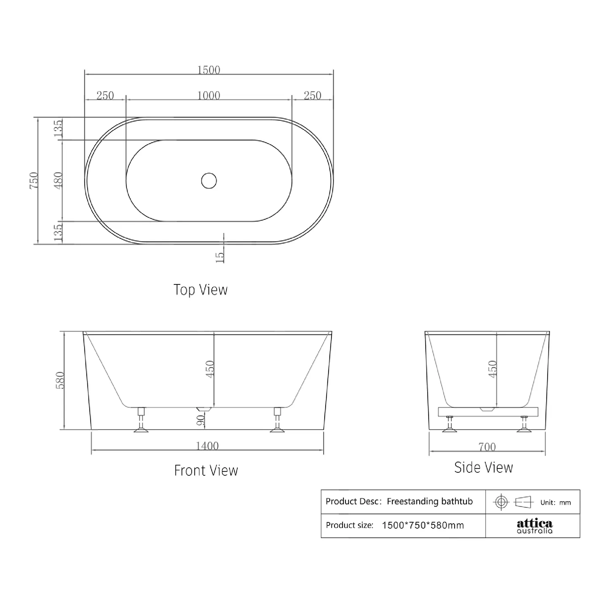 OTTI - Attica Noosa 1500 Matt White Bath - Baths - from our - Otti - supplier–available at Bathroom City Perth