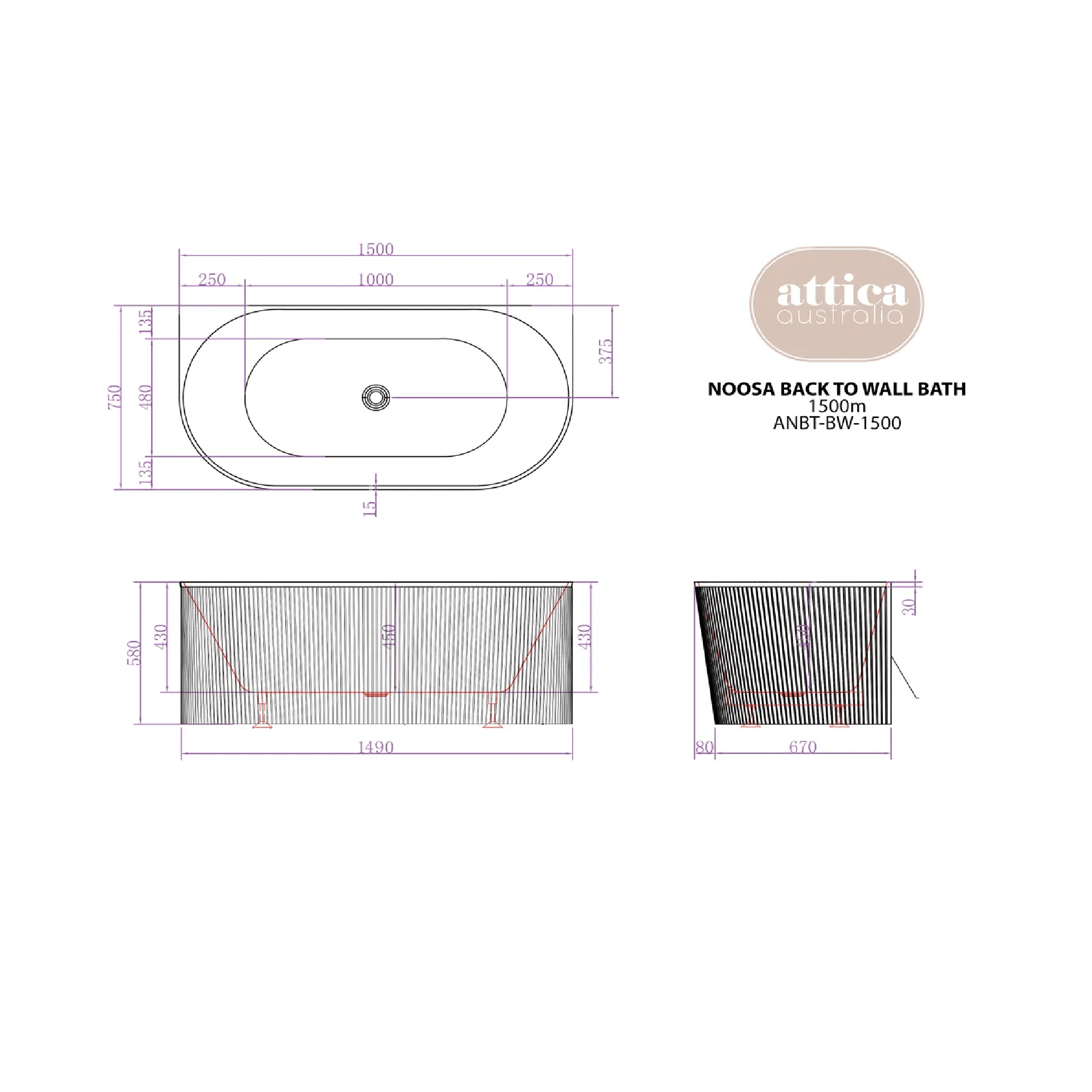 OTTI - Attica Noosa 1500 Matt White BTW Multi - fit Bath - Baths - from our - Otti - supplier–available at Bathroom City Perth