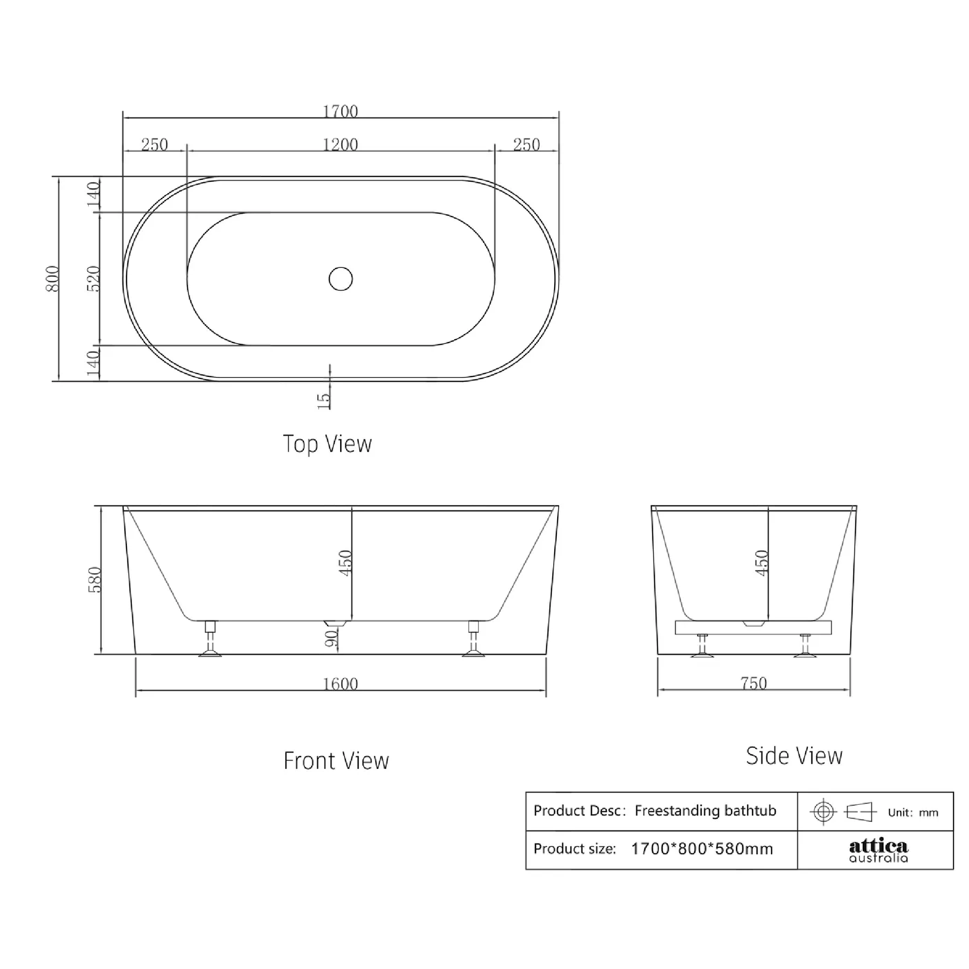 OTTI - Attica Noosa 1700 Matt White Bath - Baths - from our - Otti - supplier–available at Bathroom City Perth
