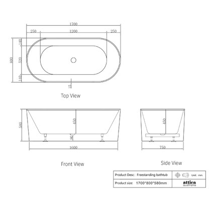 OTTI - Attica Noosa 1700 Matt White Bath - Baths - from our - Otti - supplier–available at Bathroom City Perth