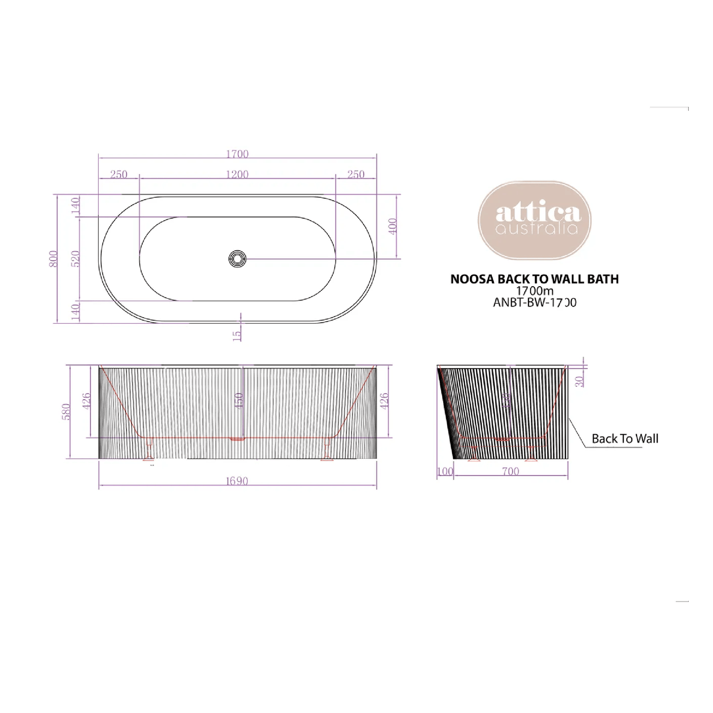 OTTI - Attica Noosa 1700 Matt White BTW Multi - fit Bath - Baths - from our - Otti - supplier–available at Bathroom City Perth