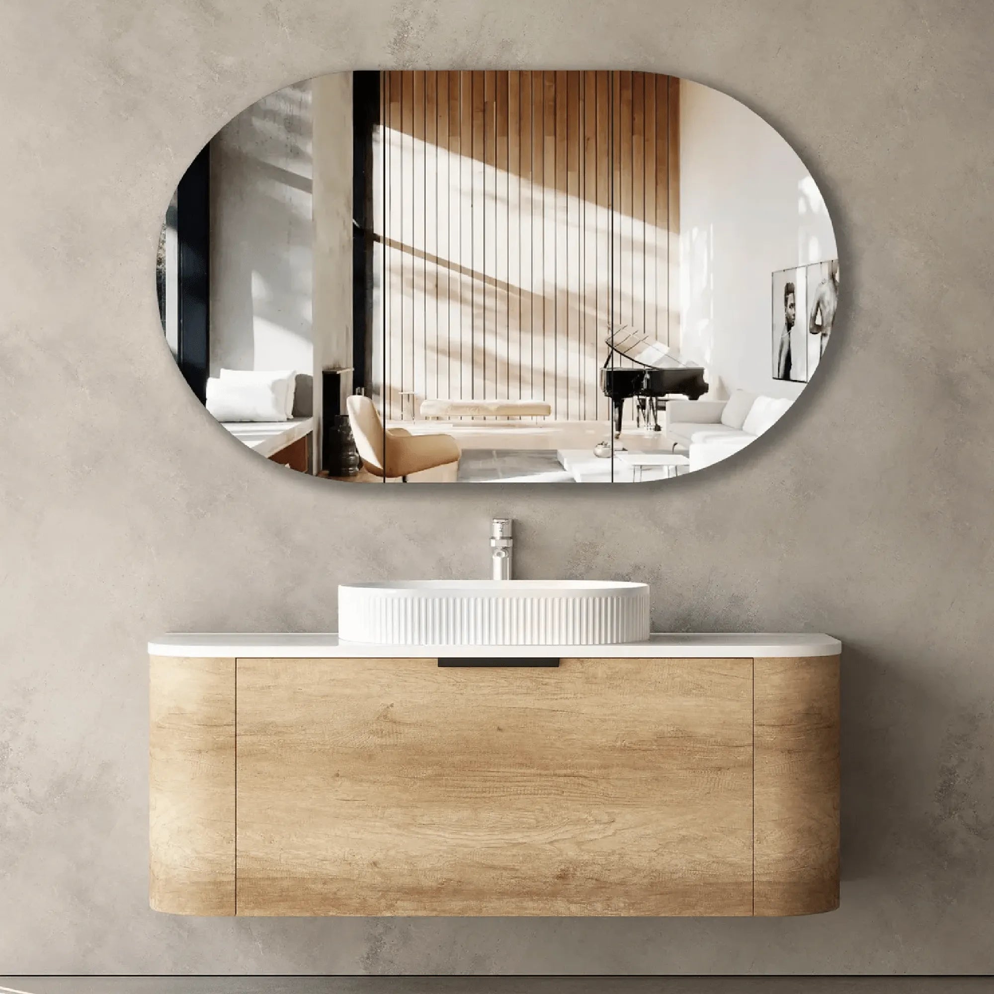 OTTI - Bondi 1200mm Natural Oak Wall Hung Curve Vanity-Vanities-from our-Otti-supplier–available at Bathroom City Perth