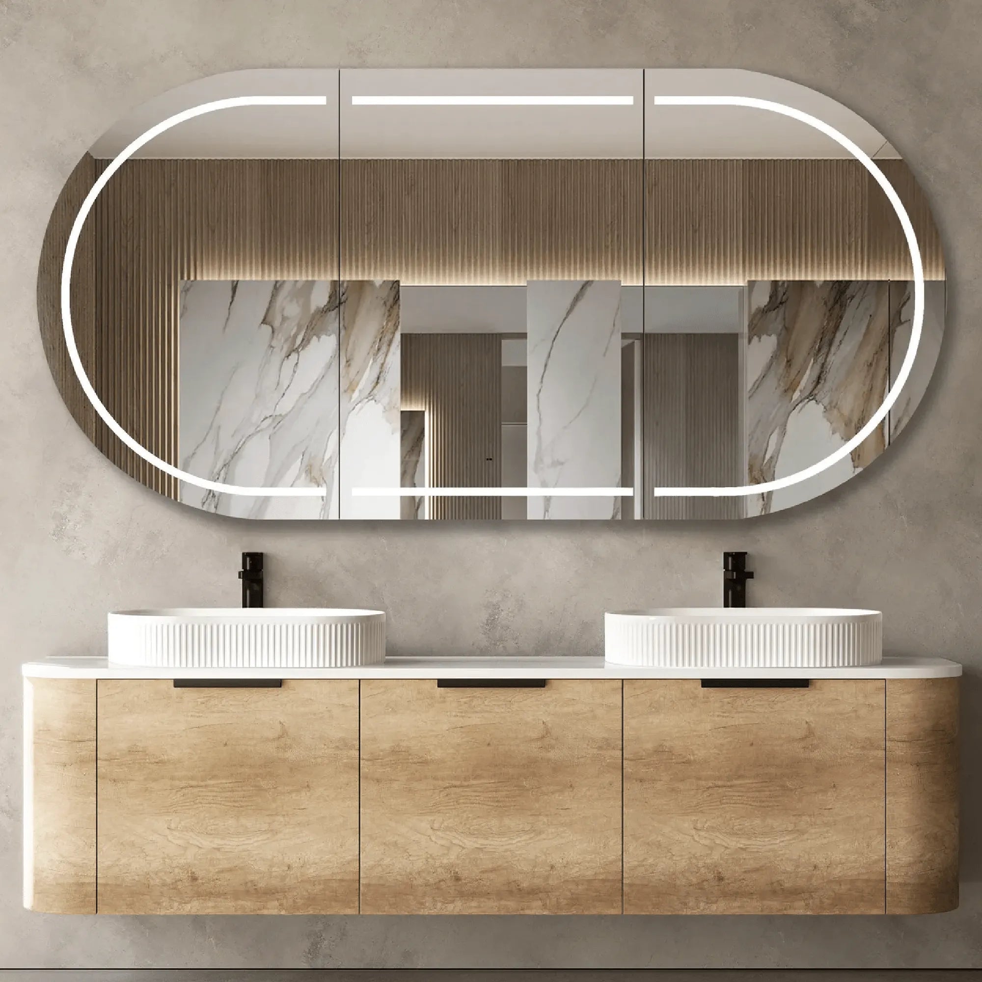 OTTI - Bondi 1800mm Natural Oak Wall Hung Curve Vanity-Vanities-from our-Otti-supplier–available at Bathroom City Perth