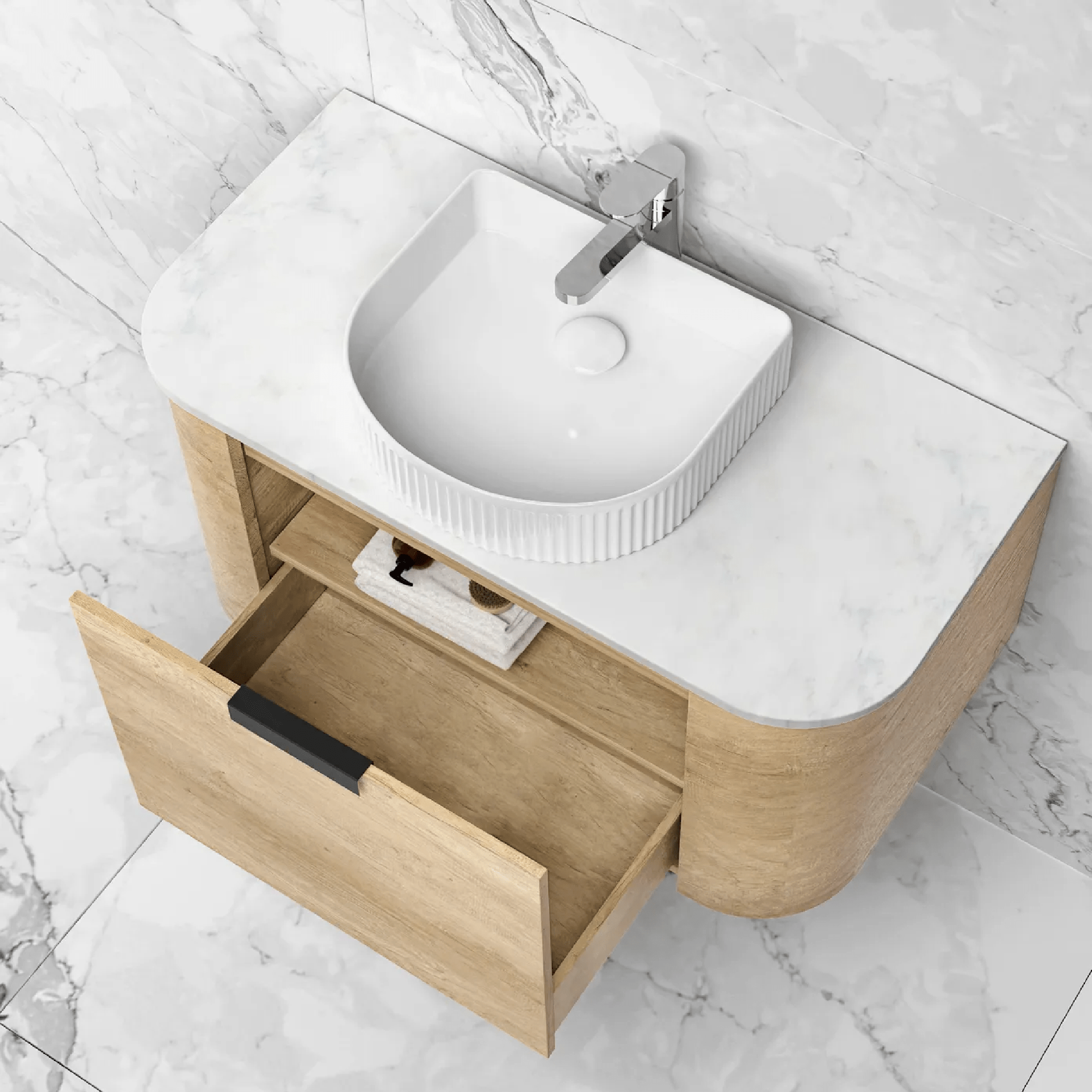 OTTI - Bondi 900mm Natural Oak Wall Hung Curve Vanity - Vanities - from our - Otti - supplier–available at Bathroom City Perth
