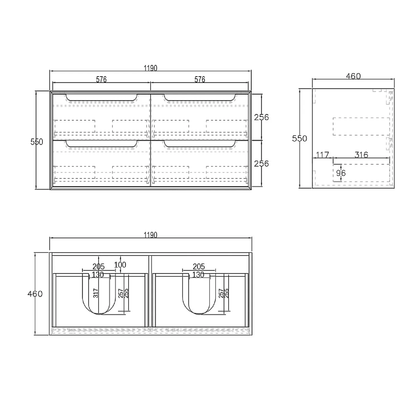 OTTI - Byron 1200mm Black Oak Wall Hung Vanity Double Bowl - Vanities - from our - Otti - supplier–available at Bathroom City Perth