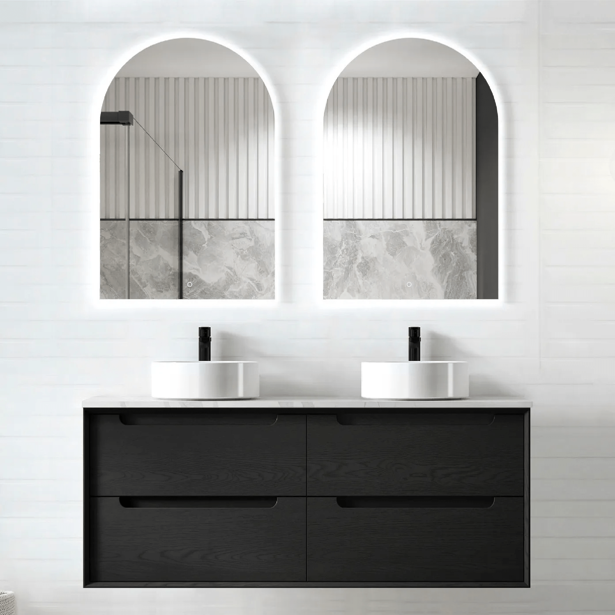 OTTI - Byron 1200mm Black Oak Wall Hung Vanity Double Bowl - Vanities - from our - Otti - supplier–available at Bathroom City Perth