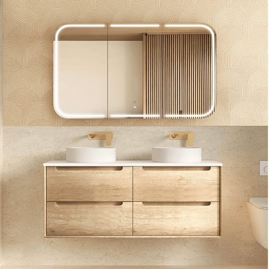 OTTI - Byron 1200mm Natural Oak Wall Hung Vanity Double Bowl - Vanities - from our - Otti - supplier–available at Bathroom City Perth