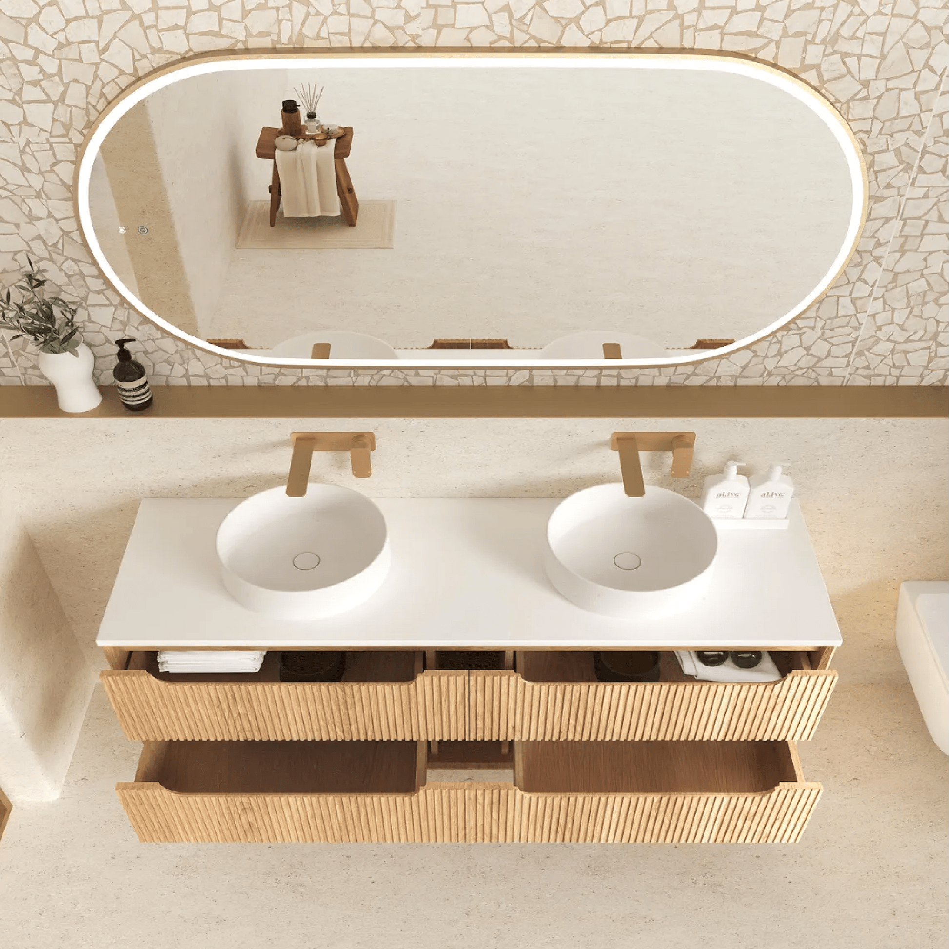 OTTI - Byron Fluted 1200mm Woodland Oak Four Drawer Wall Hung Vanity - Vanities - from our - Otti - supplier–available at Bathroom City Perth