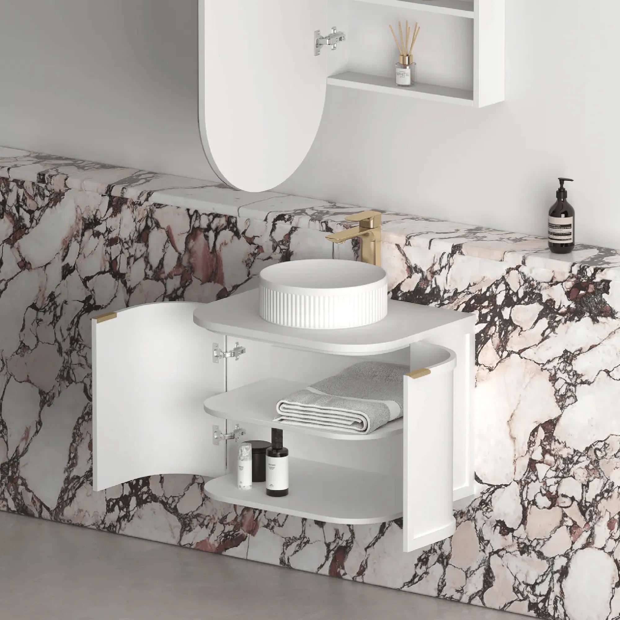 OTTI - Hampshire 600mm Satin White Wall Hung Curve Vanity-Vanities-from our-Otti-supplier–available at Bathroom City Perth