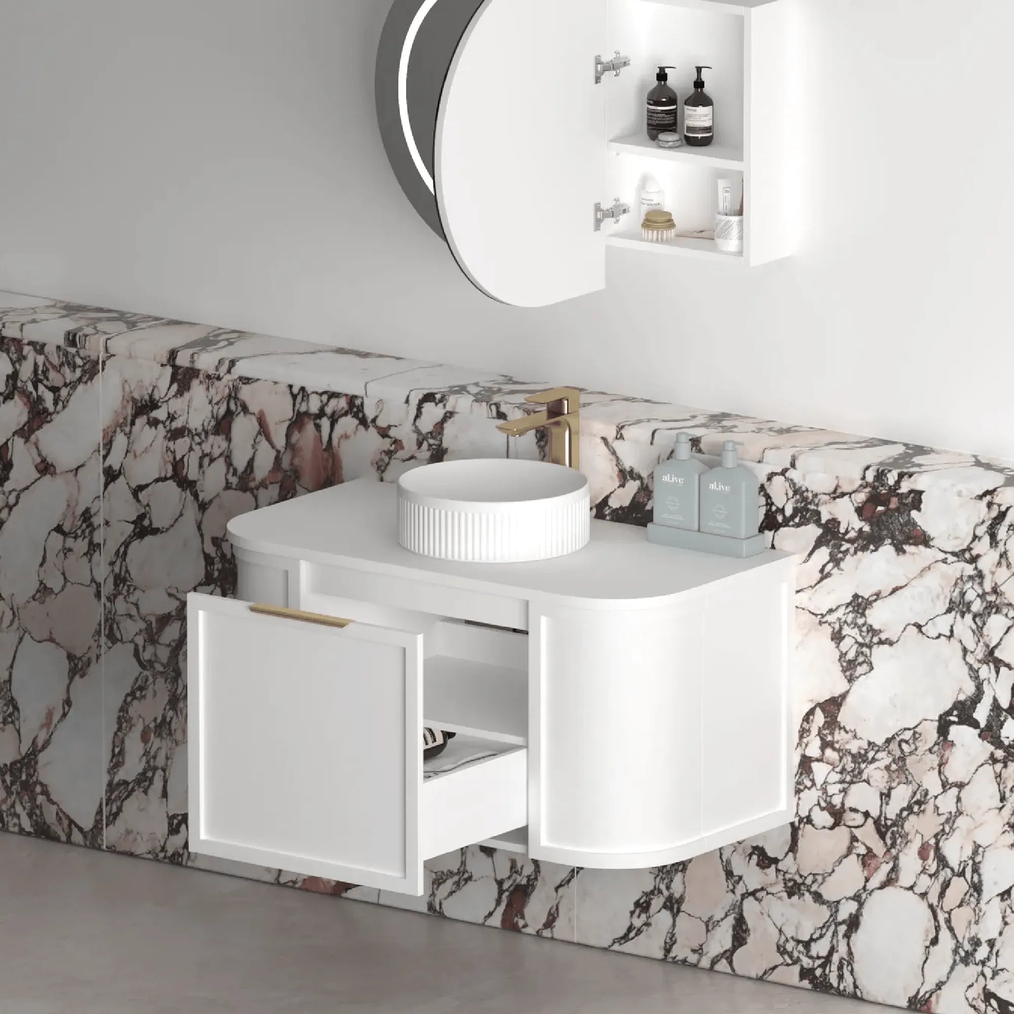 OTTI - Hampshire 900mm Satin White Wall Hung Curve Vanity-Vanities-from our-Otti-supplier–available at Bathroom City Perth