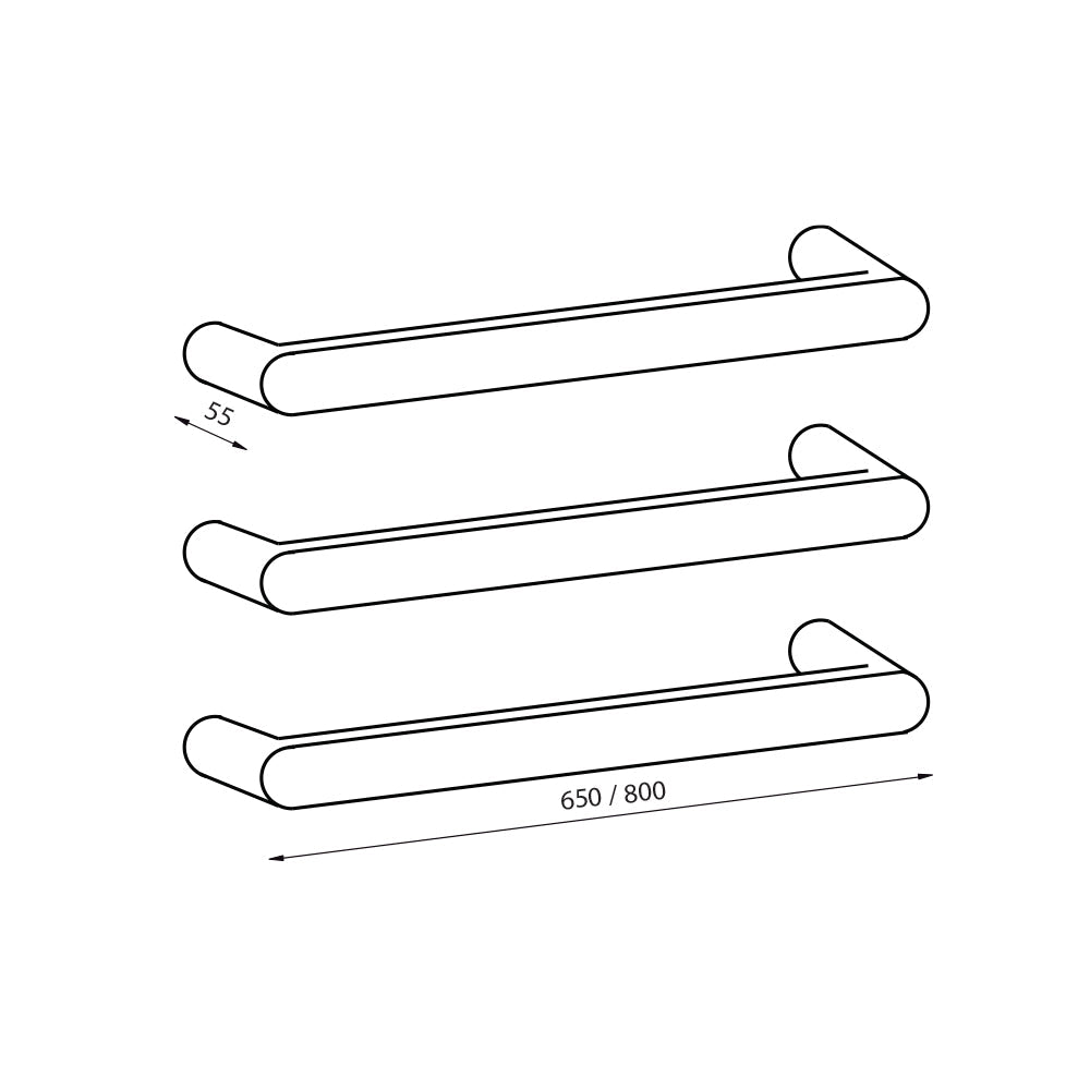 RADIANT - BRU - ASPEN - 650 Heated Single Flat Faced Bar With Curved Fixing Arm 650mm Brushed Satin - Heated Towel Rails - from our - Radiant - supplier–available at Bathroom City Perth