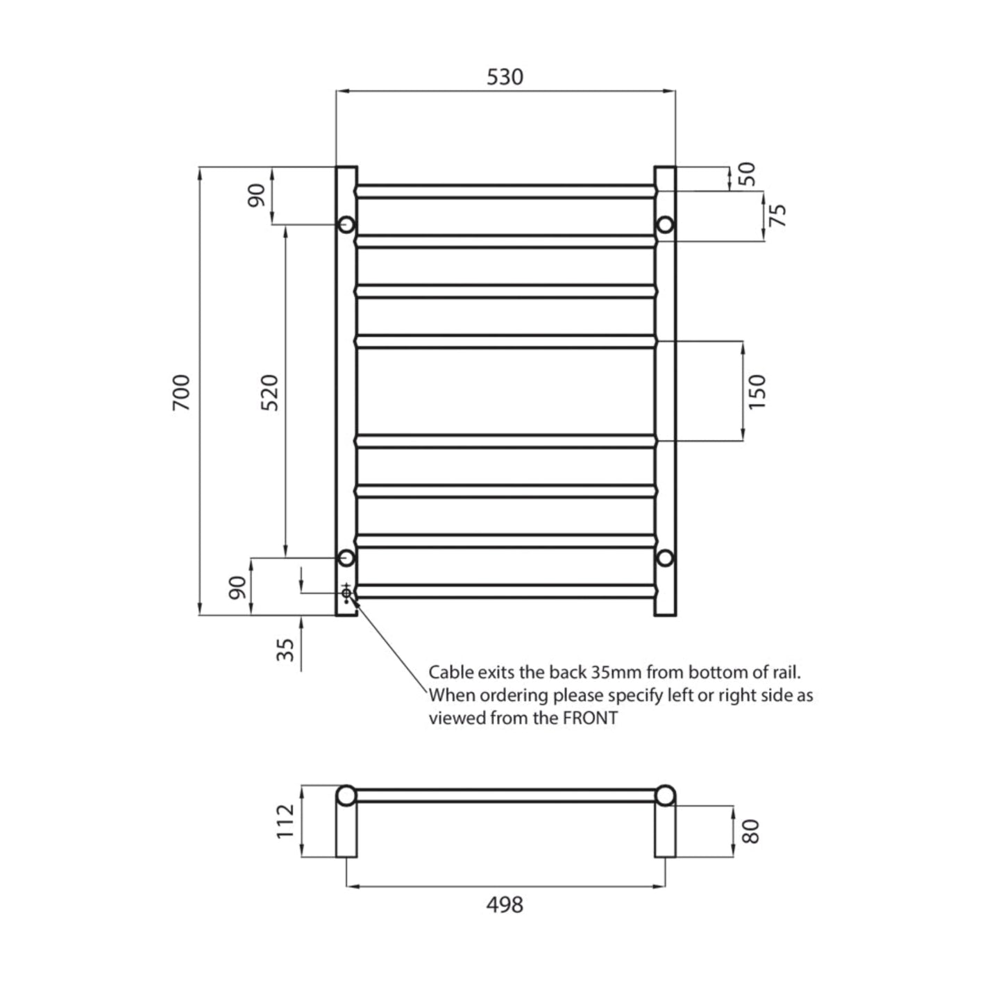 RADIANT - BRU - RTR530 Heated Round Ladder 530x700mm Brushed Satin - Heated Towel Rails - from our - Radiant - supplier–available at Bathroom City Perth