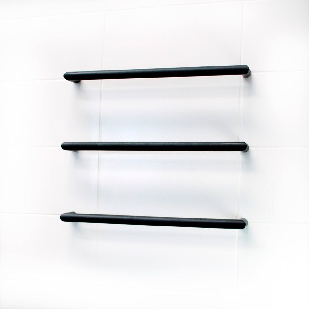 RADIANT - BSBRTR - 800 Heated Low Voltage Single Round Bar 800 mm Matt Black - Heated Towel Rails - from our - Radiant - supplier–available at Bathroom City Perth