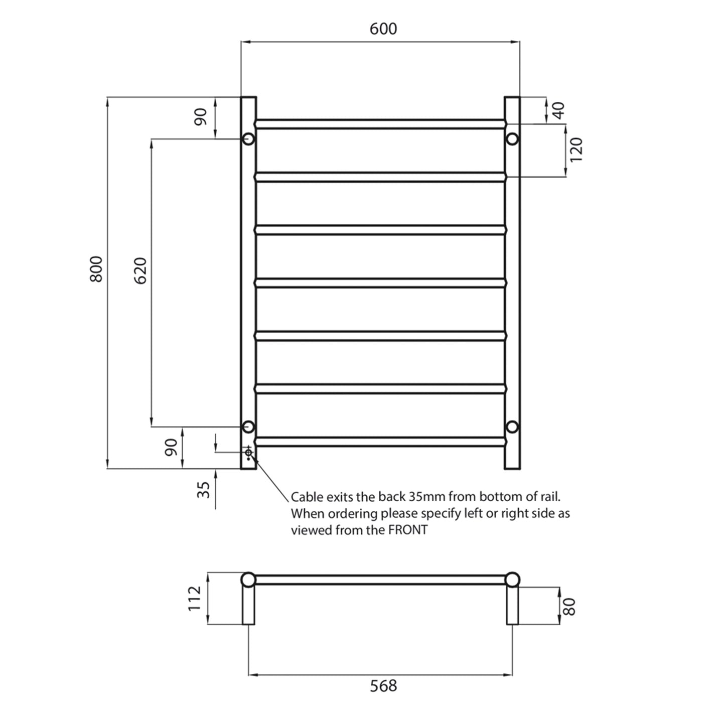 RADIANT - RTR02 - HEATED ROUND LADDER 600 X 1100 MM MIRROR POLISHED