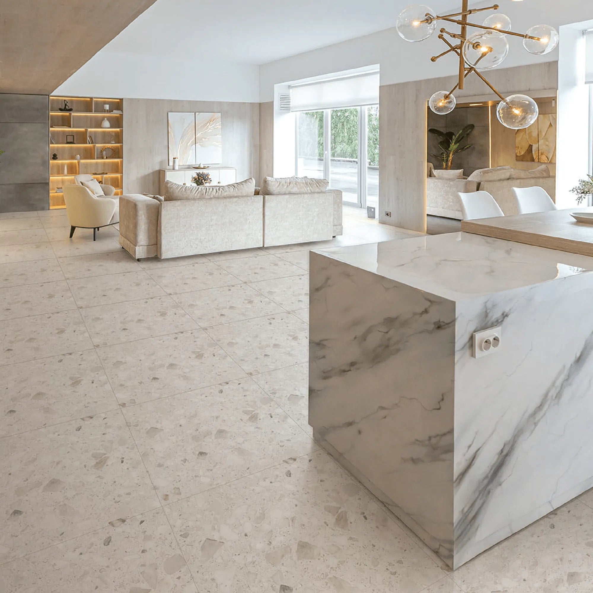 SW - Terrazzo Stone Marshmellow 300x600mm Matt Smooth Grip-Tiles-from our-Stoneworld-supplier–available at Bathroom City Perth