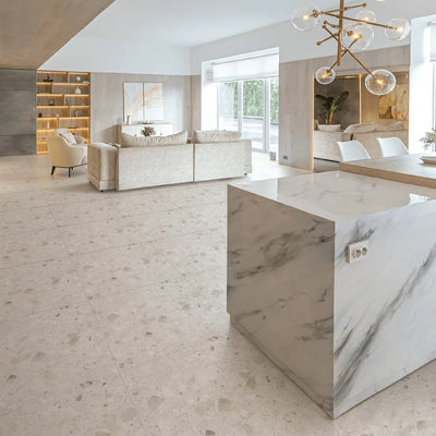 SW - Terrazzo Stone Marshmellow 600x600mm Matt Smooth Grip-Tiles-from our-Stoneworld-supplier–available at Bathroom City Perth