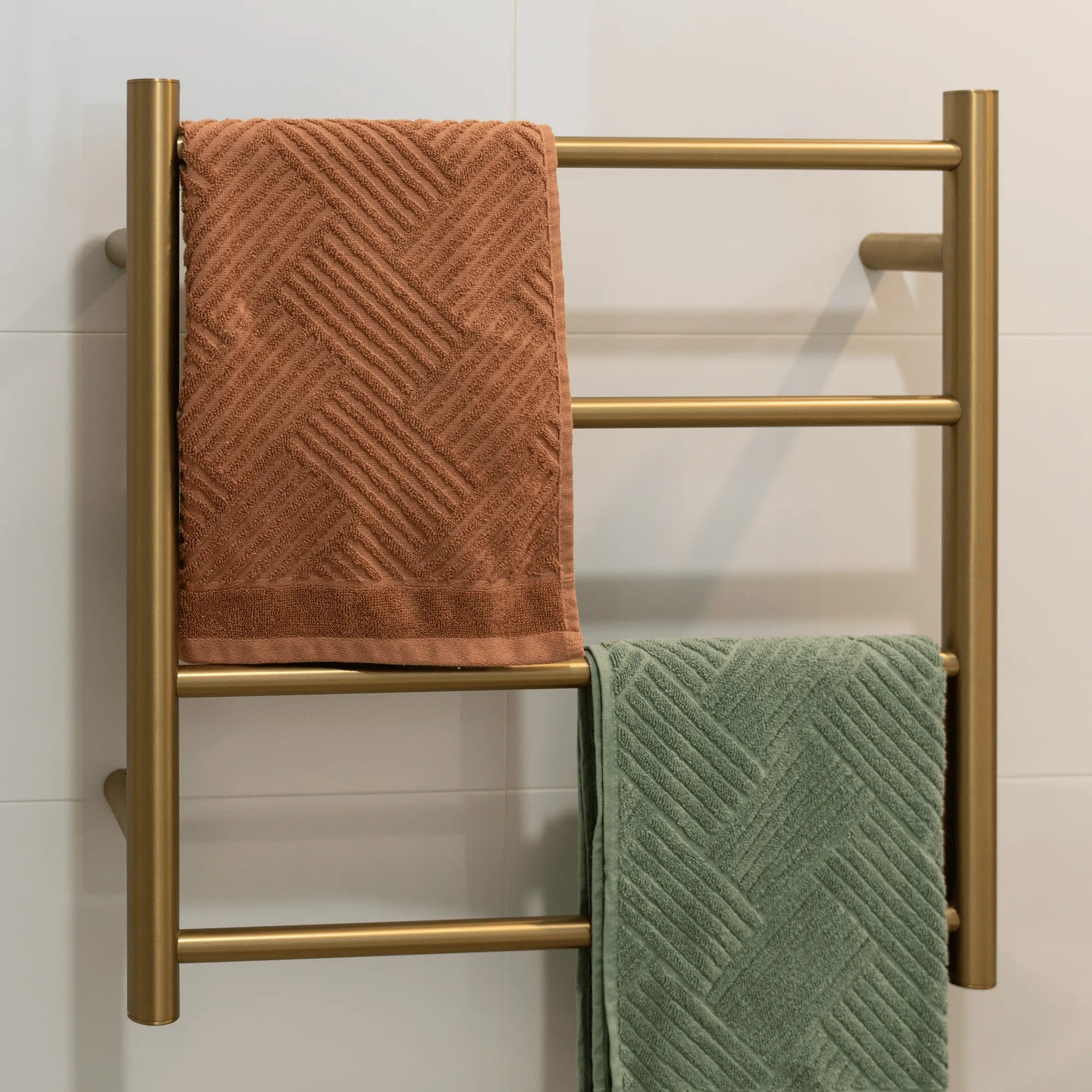 THERMORAIL - SR25MBG Brushed Gold Round Ladder Heated Towel Rail-Heated Towel Rails-from our-THERMORAIL-supplier–available at Bathroom City Perth