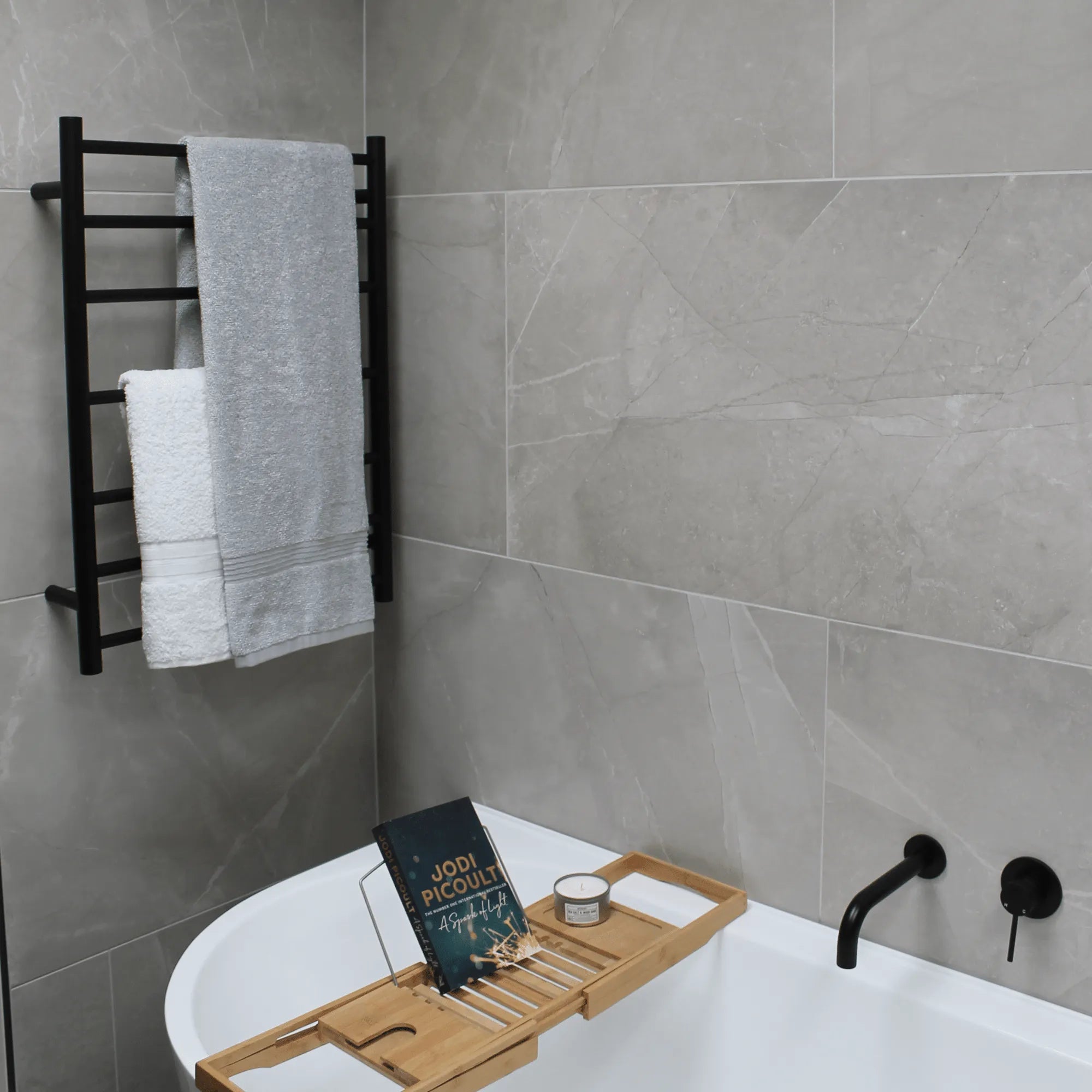 THERMORAIL - SR44MB Matt Black Round Ladder Heated Towel Rail-Heated Towel Rails-from our-THERMORAIL-supplier–available at Bathroom City Perth