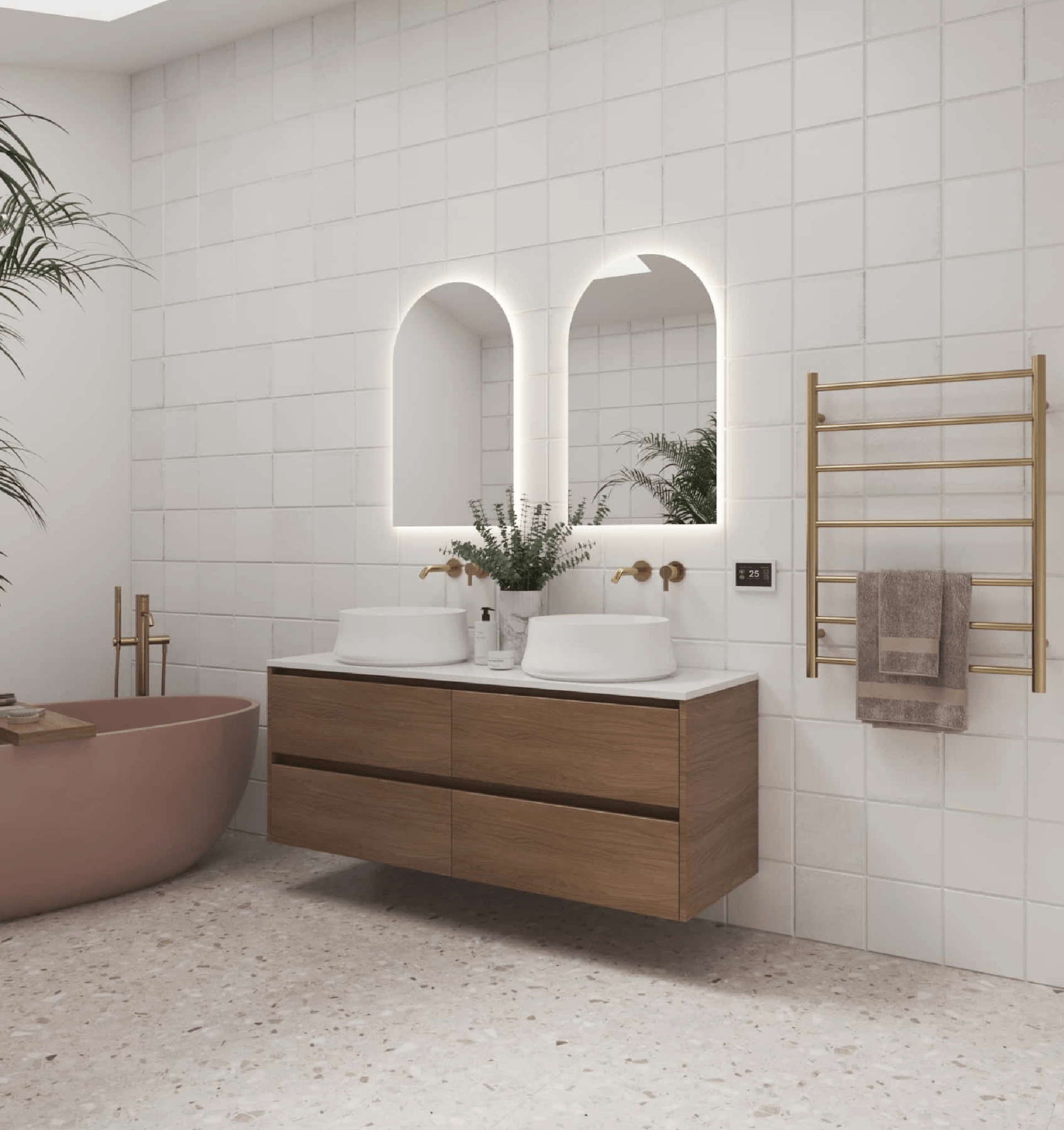 THERMORAIL - SR44MBB Brushed Brass Round Ladder Heated Towel Rail - Heated Towel Rails - from our - THERMORAIL - supplier–available at Bathroom City Perth