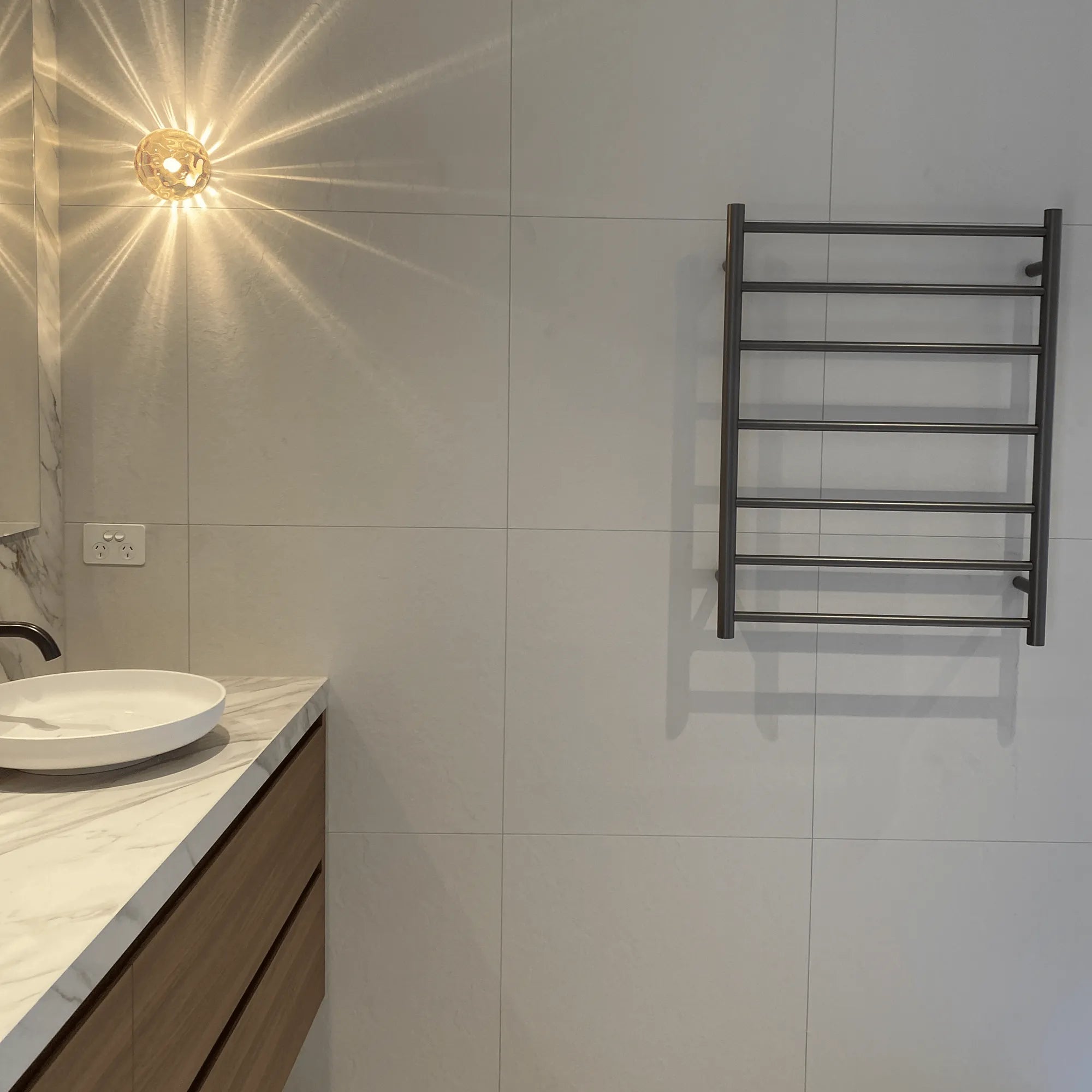 THERMORAIL - SR44MGM Gun Metal Round Ladder Heated Towel Rail-Heated Towel Rails-from our-THERMORAIL-supplier–available at Bathroom City Perth