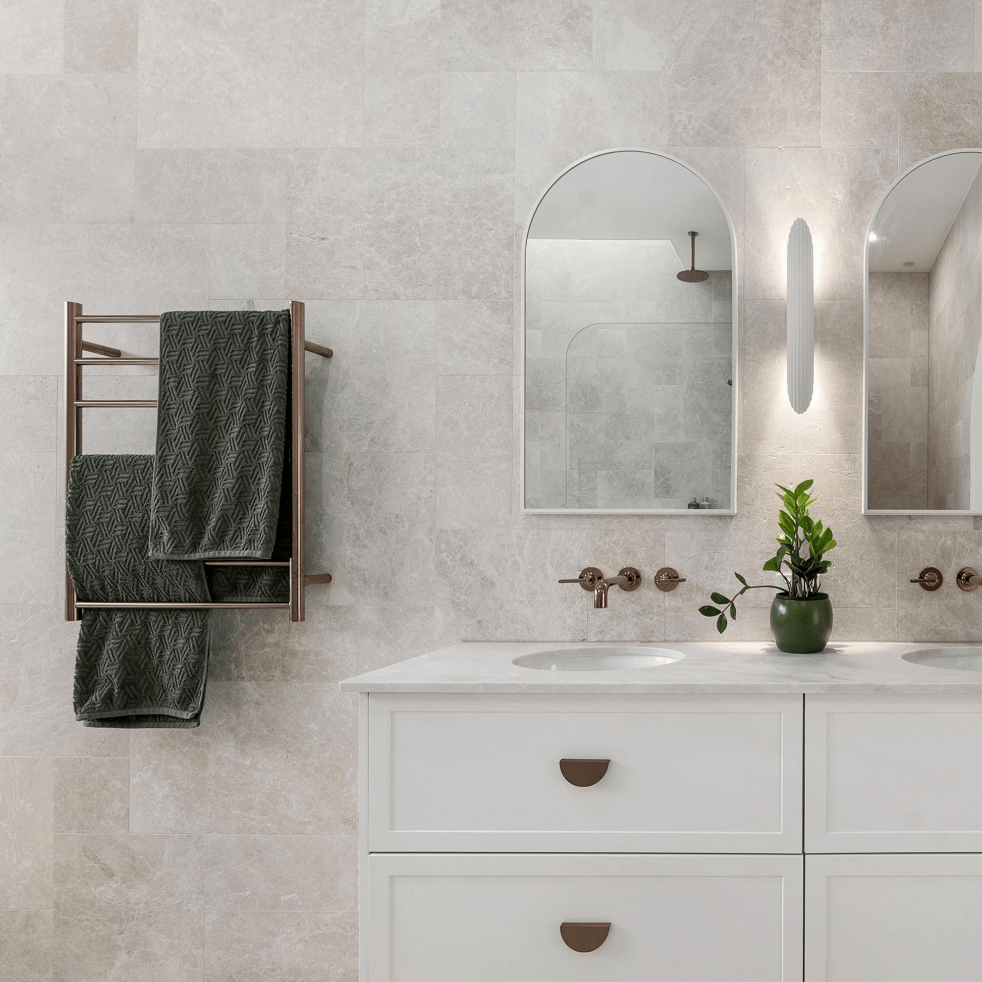 THERMORAIL - SR44MRG Polished Rose Gold Round Heated Ladder Rail - Heated Towel Rails - from our - THERMORAIL - supplier–available at Bathroom City Perth