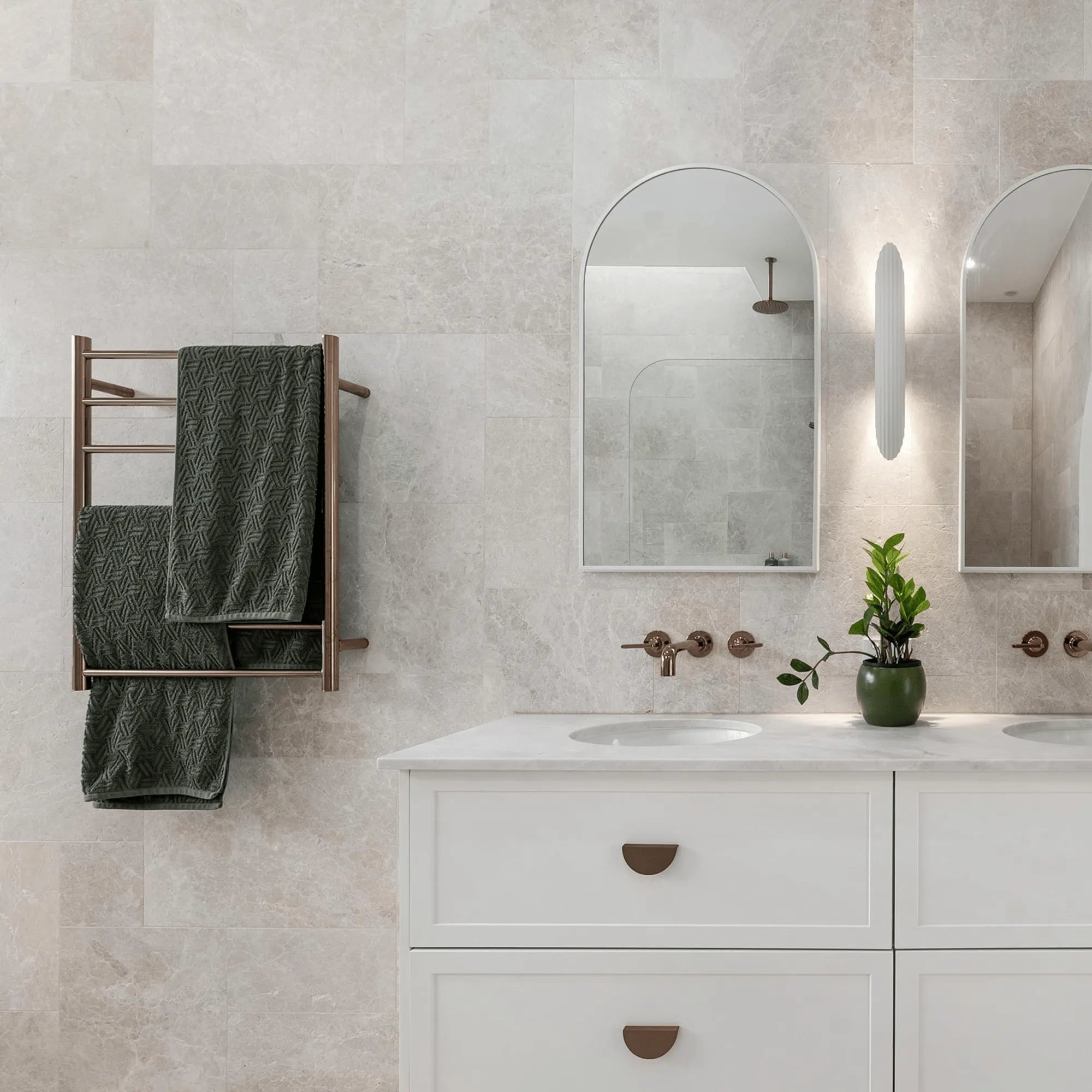 THERMORAIL - SR44MRG Polished Rose Gold Round Heated Ladder Rail-Heated Towel Rails-from our-THERMORAIL-supplier–available at Bathroom City Perth